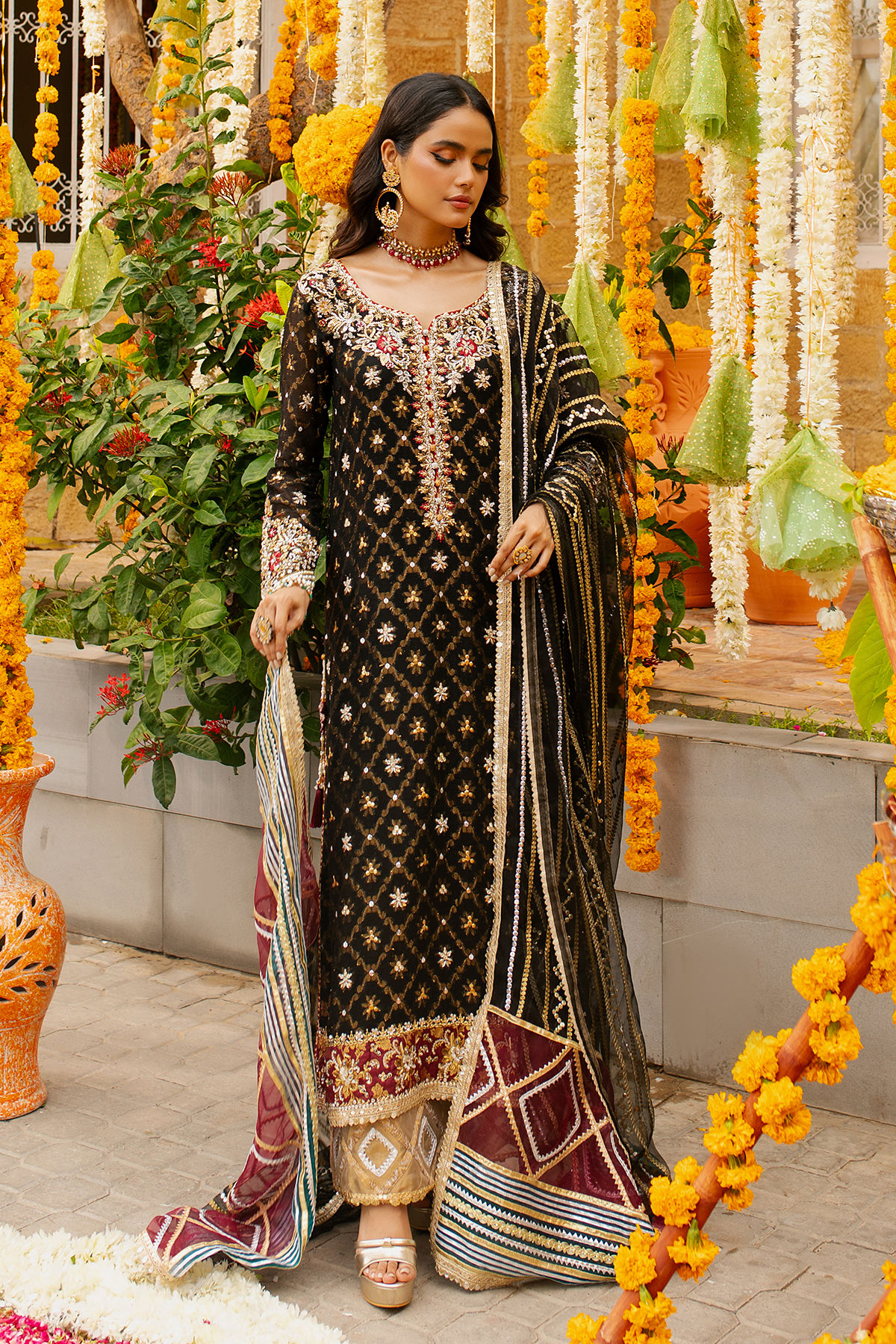 Pakistani Black Embroidered Net Salwar Kameez (3-Piece) - Image 7