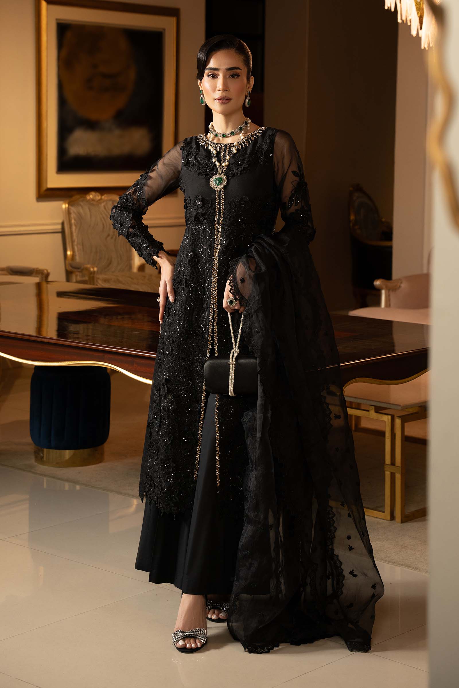 Black Embroidered Organza A-Line 3-Piece Suit - Image 1