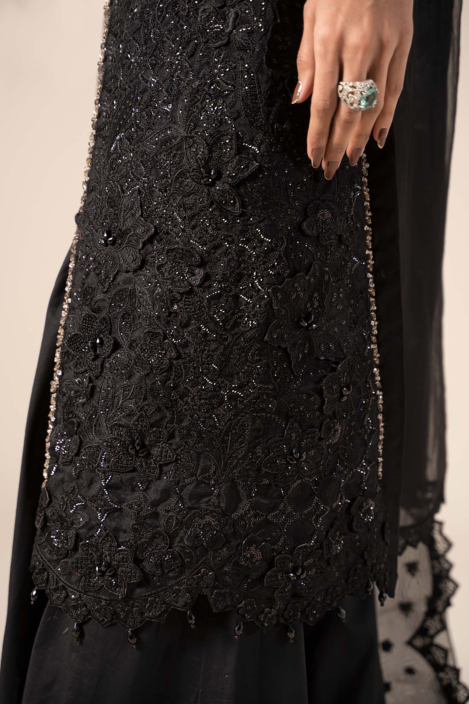 Black Embroidered Organza A-Line 3-Piece Suit - Image 10