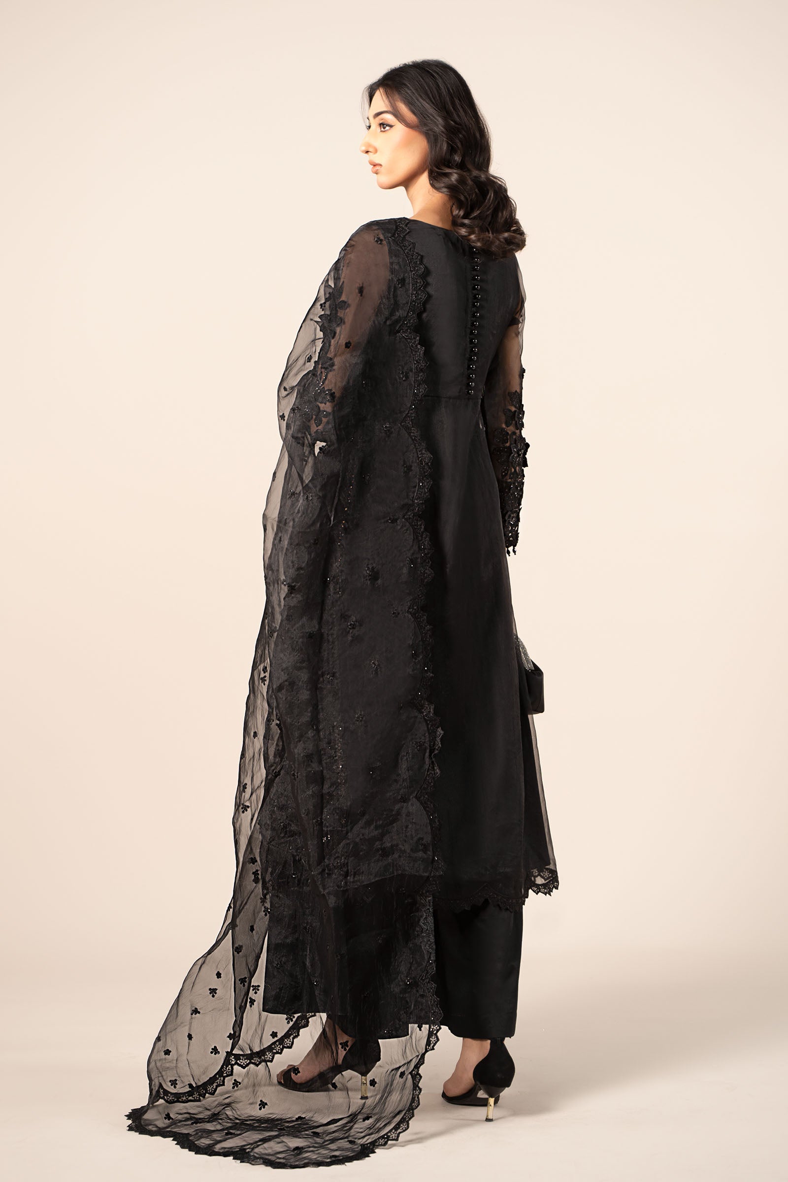 Black Embroidered Organza A-Line 3-Piece Suit - Image 11