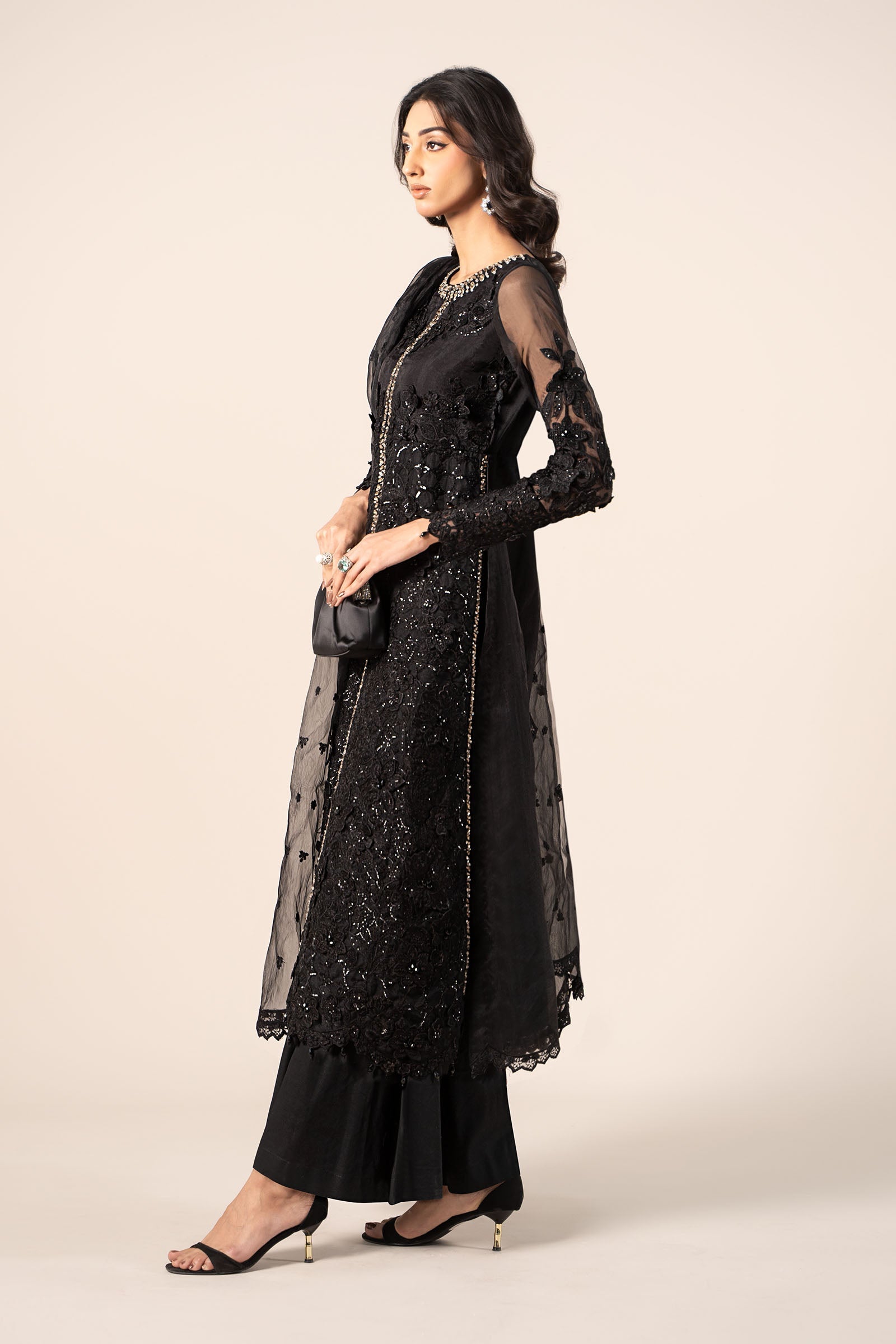 Black Embroidered Organza A-Line 3-Piece Suit - Image 12