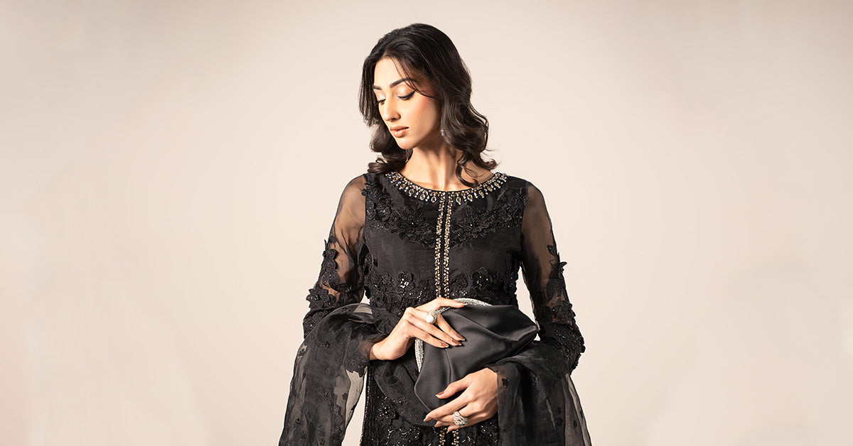 Black Embroidered Organza A-Line 3-Piece Suit - Image 13