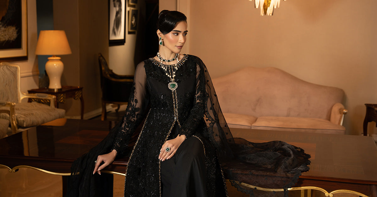 Black Embroidered Organza A-Line 3-Piece Suit - Image 14