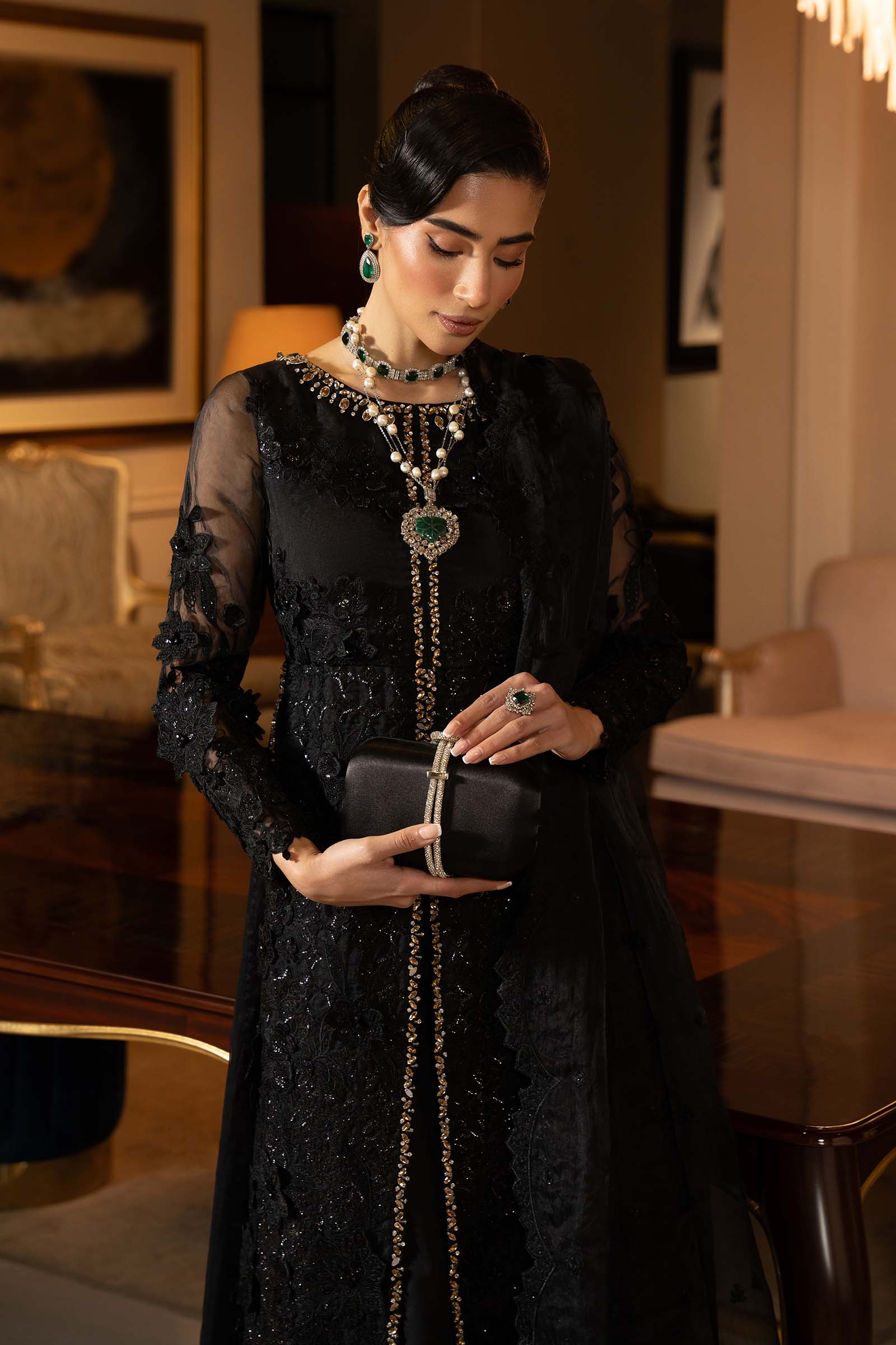 Black Embroidered Organza A-Line 3-Piece Suit - Image 15