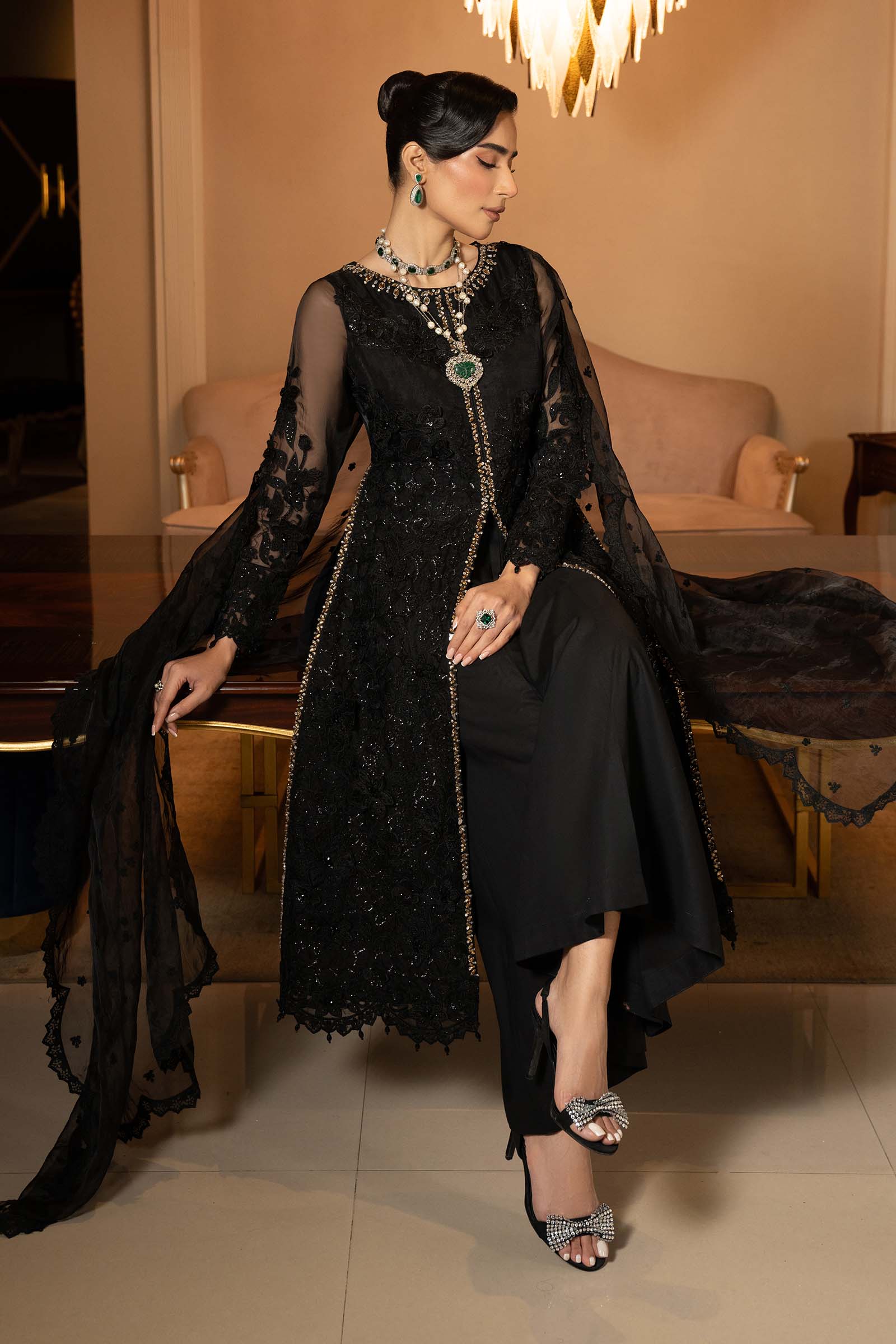Black Embroidered Organza A-Line 3-Piece Suit - Image 16