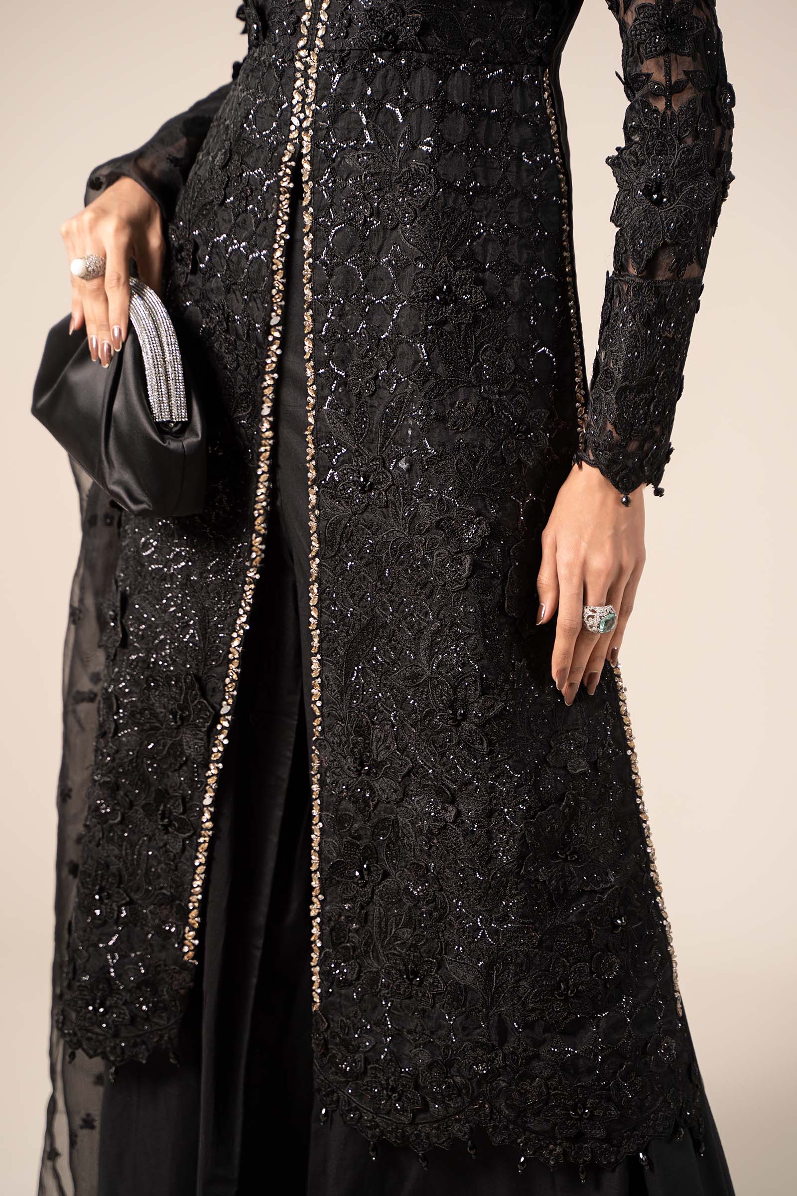 Black Embroidered Organza A-Line 3-Piece Suit - Image 17