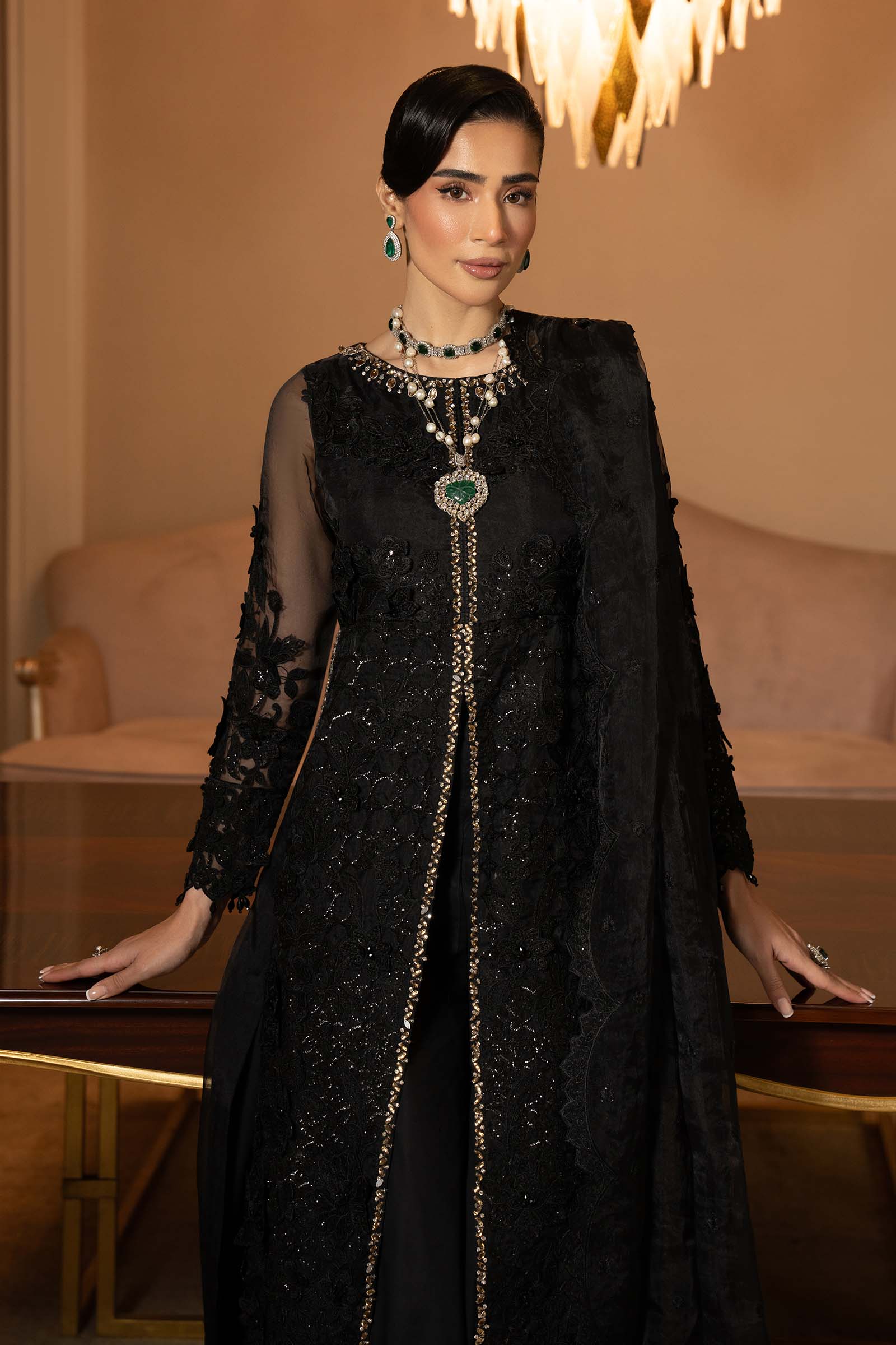 Black Embroidered Organza A-Line 3-Piece Suit - Image 2