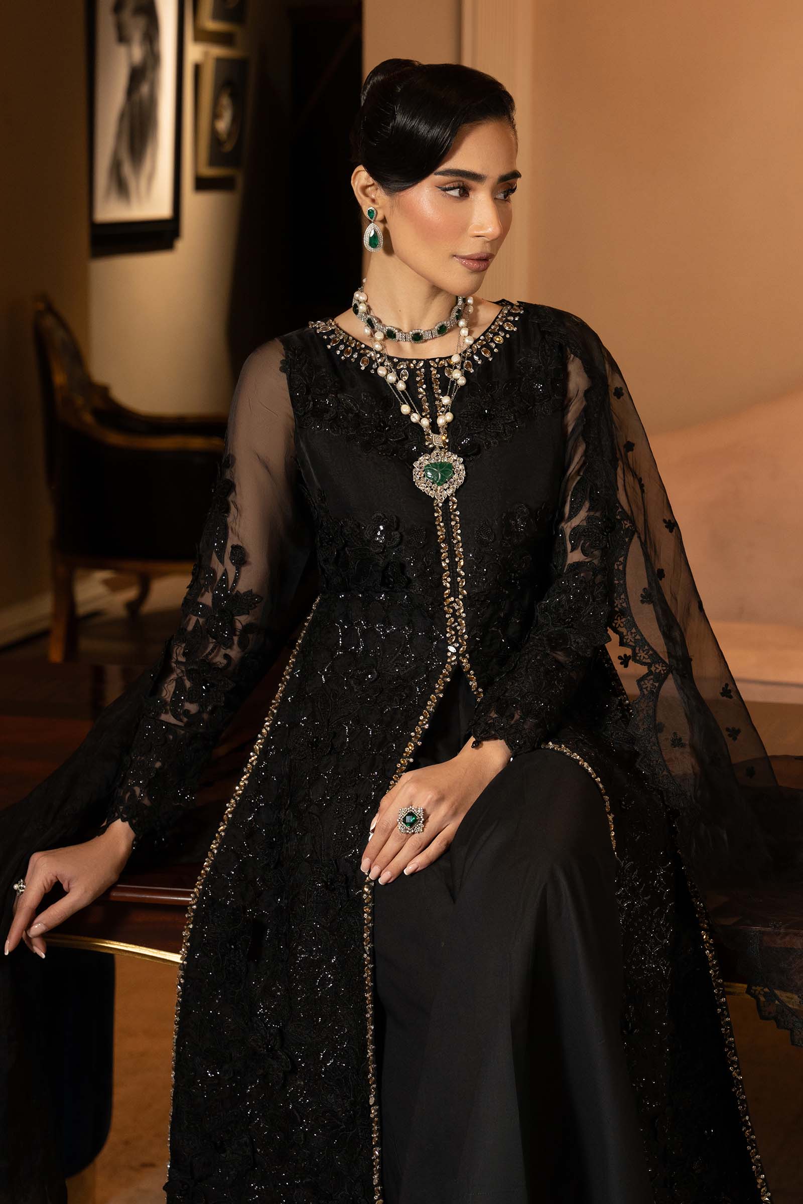 Black Embroidered Organza A-Line 3-Piece Suit - Image 3