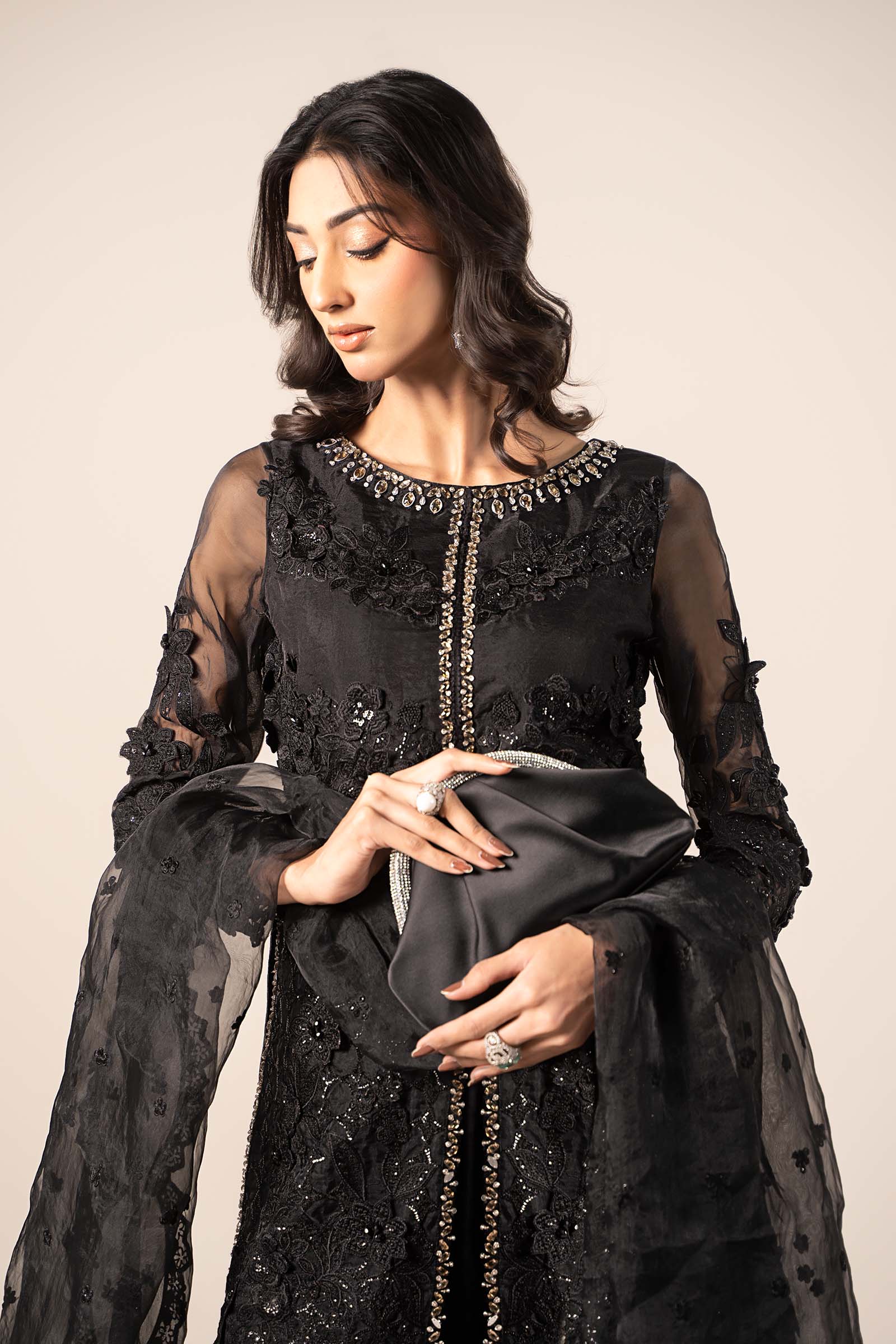 Black Embroidered Organza A-Line 3-Piece Suit - Image 6