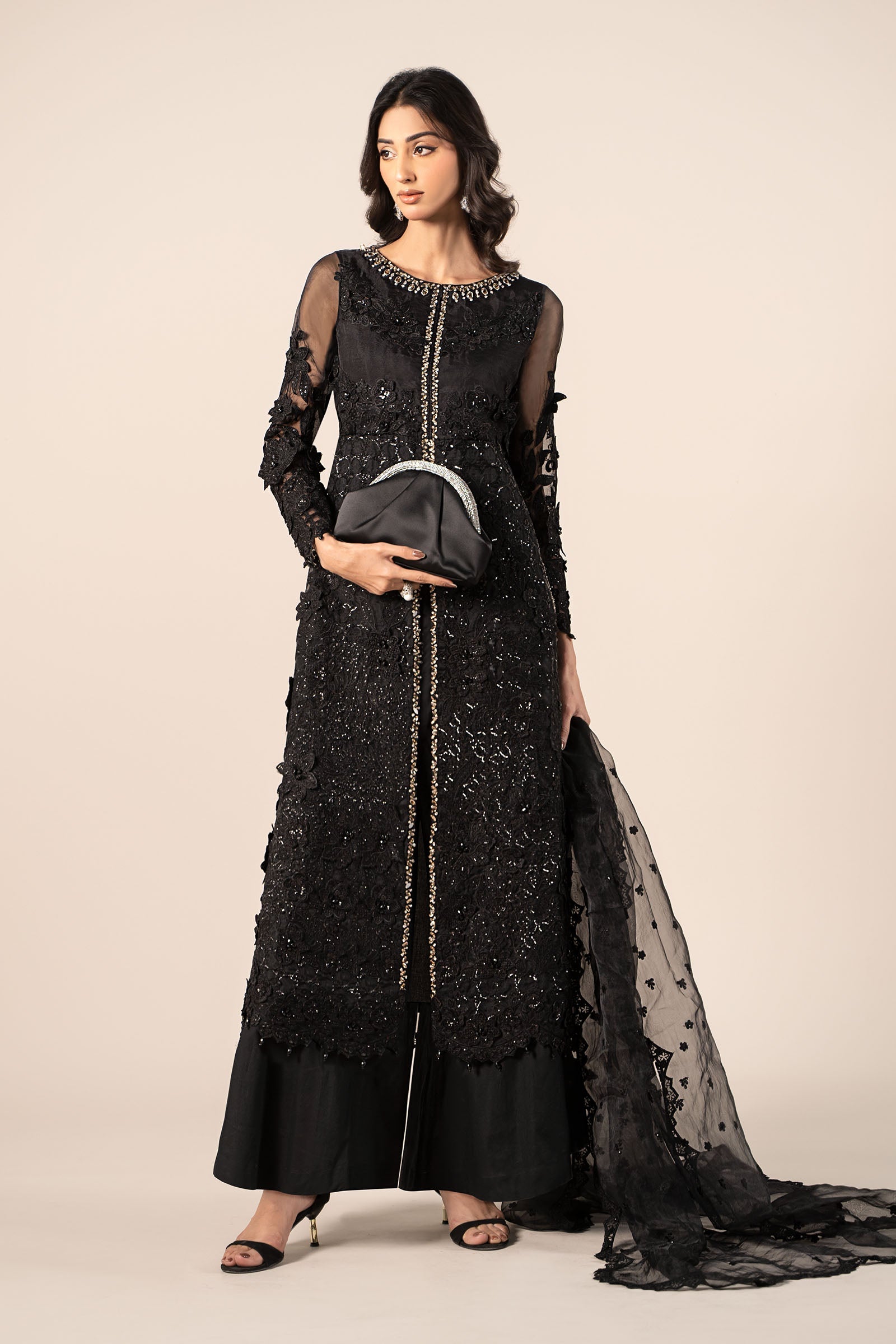 Black Embroidered Organza A-Line 3-Piece Suit - Image 7