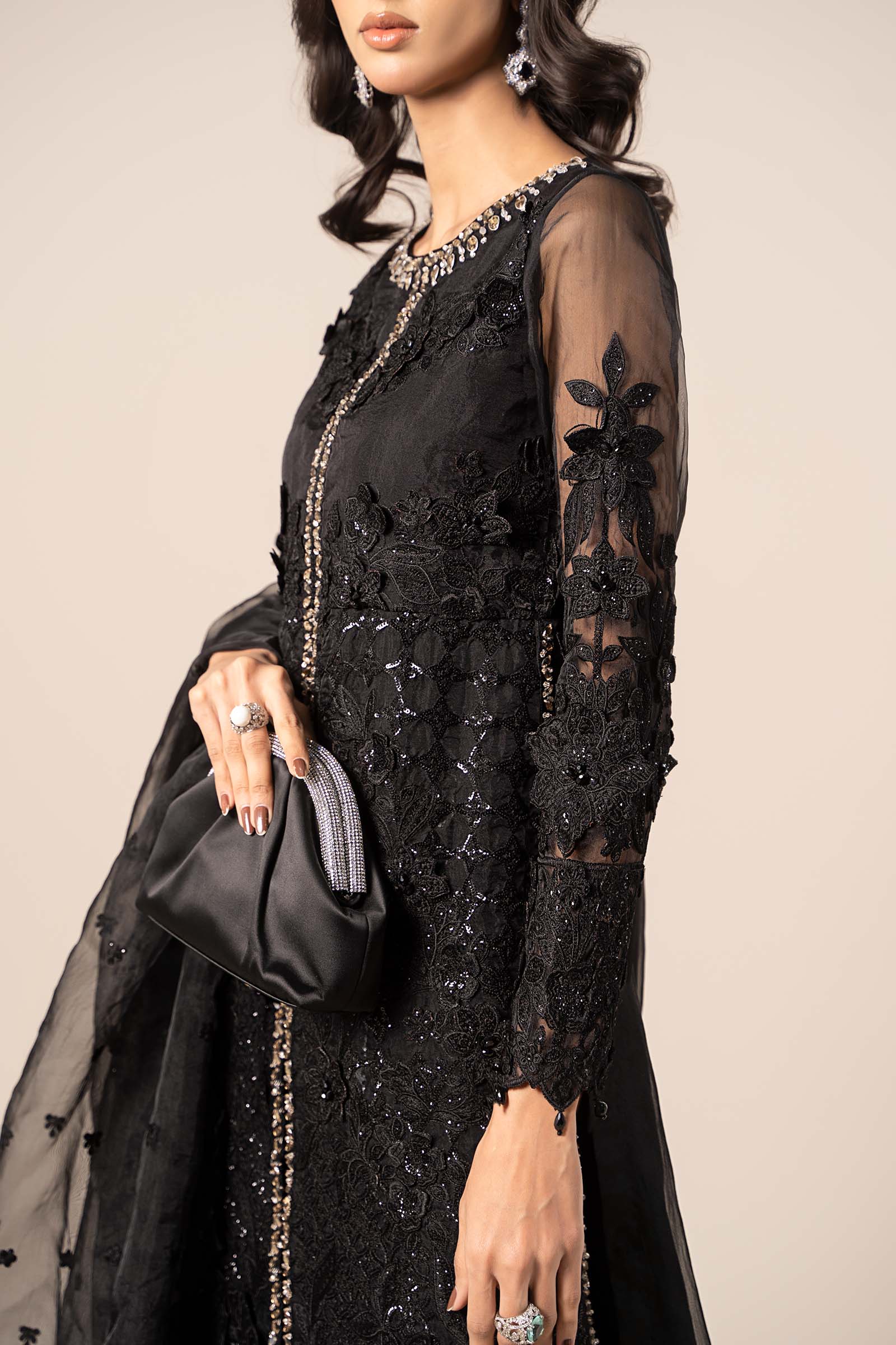 Black Embroidered Organza A-Line 3-Piece Suit - Image 8