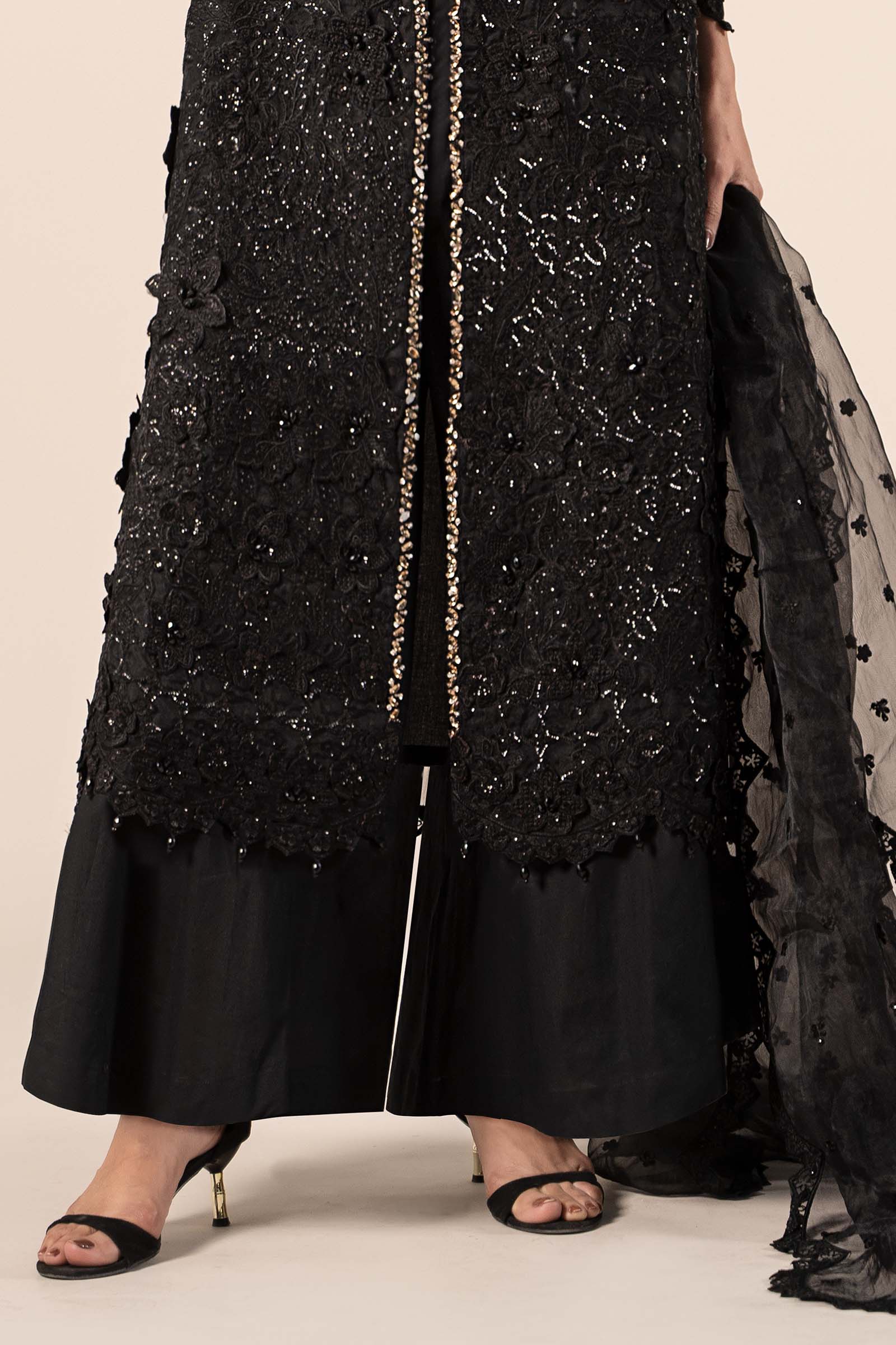 Black Embroidered Organza A-Line 3-Piece Suit - Image 9