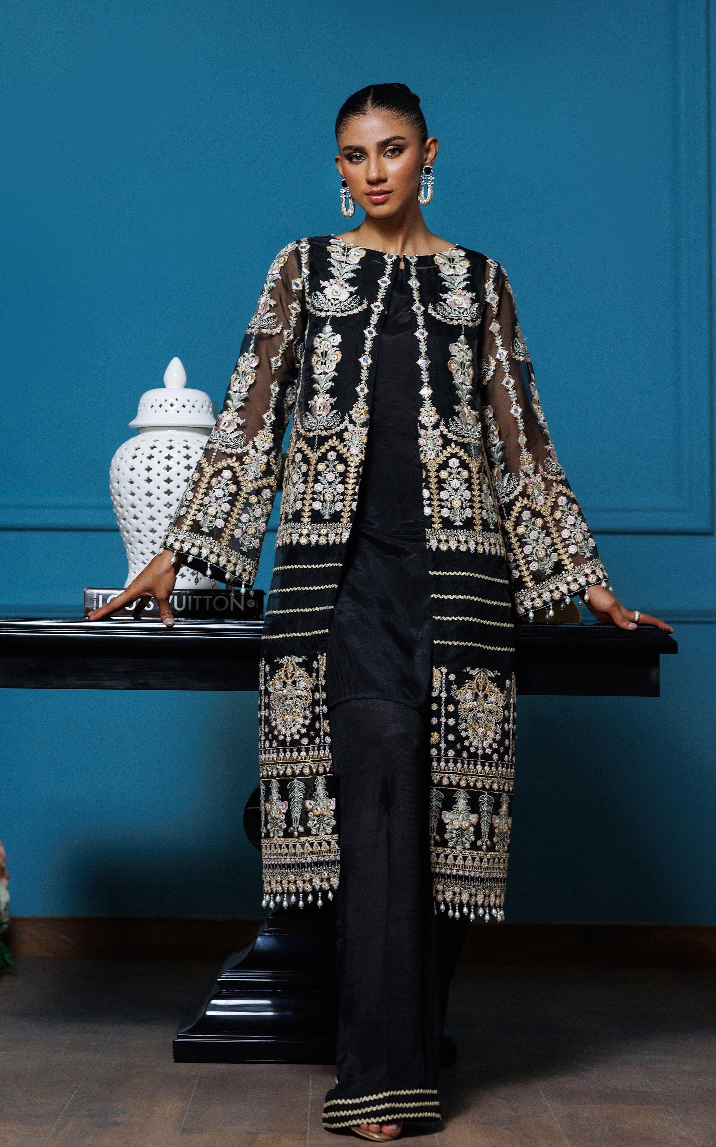 Black Faux Mirror Embroidered Organza Jacket (3-Piece) - Image 1