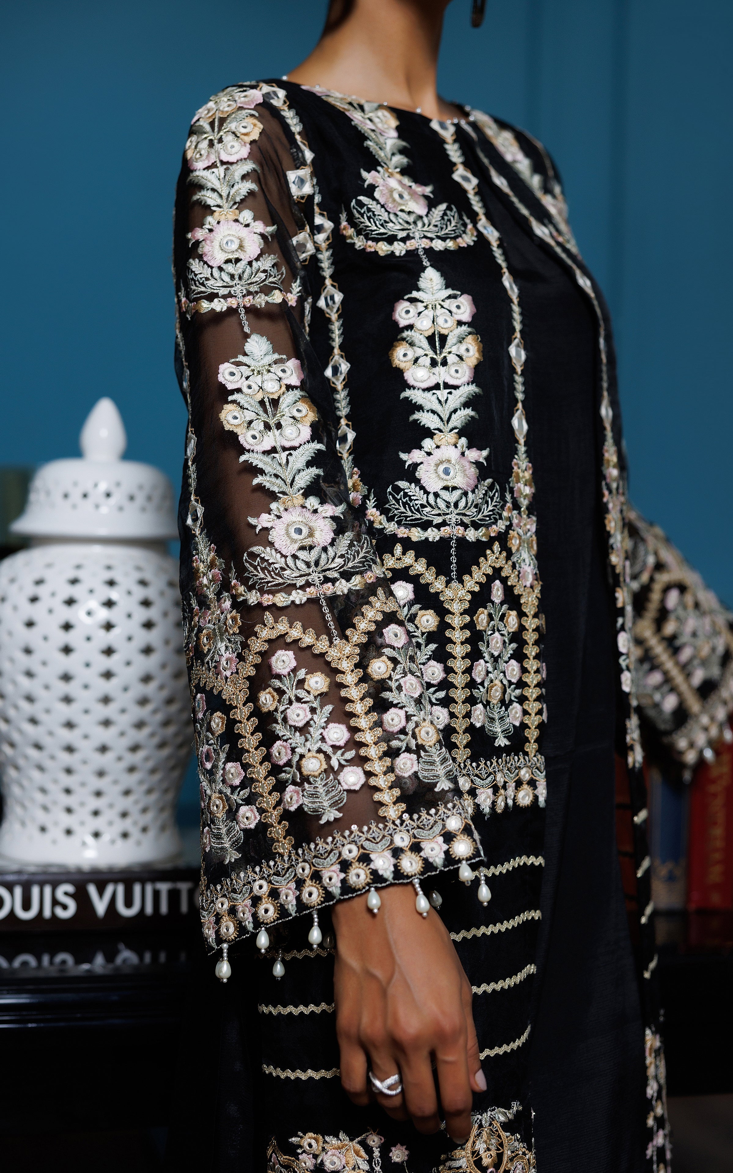 Black Faux Mirror Embroidered Organza Jacket (3-Piece) - Image 2