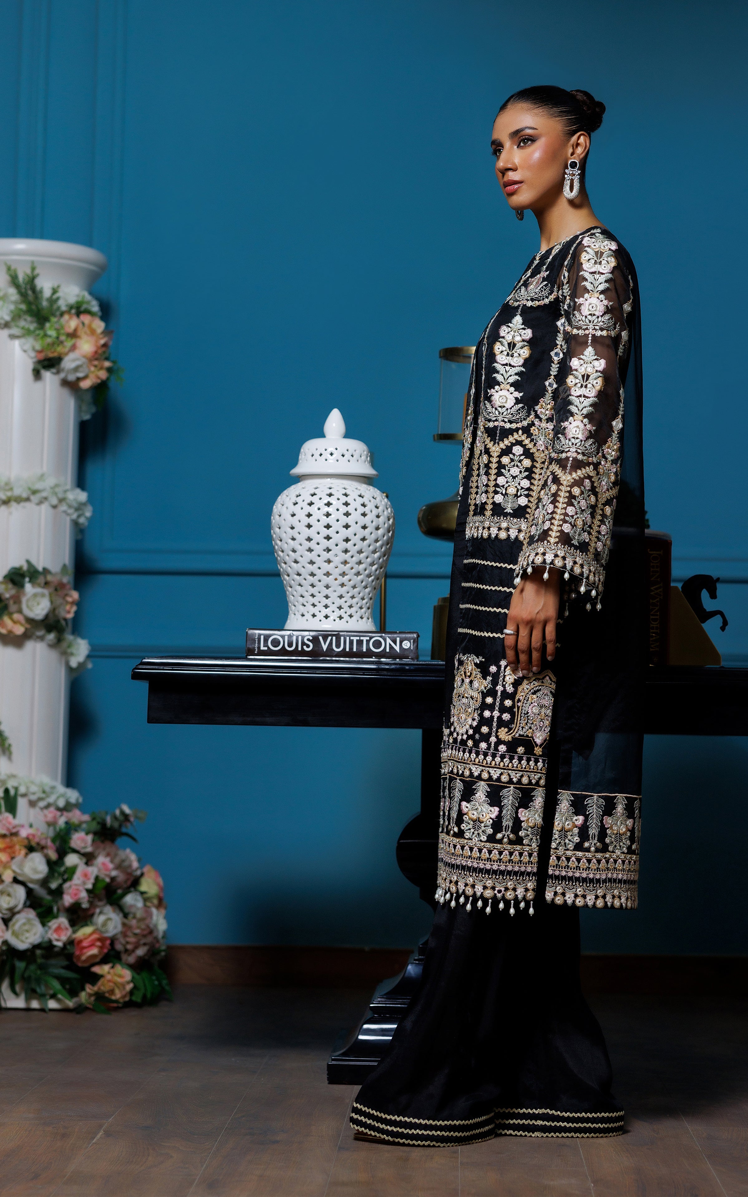 Black Faux Mirror Embroidered Organza Jacket (3-Piece) - Image 3