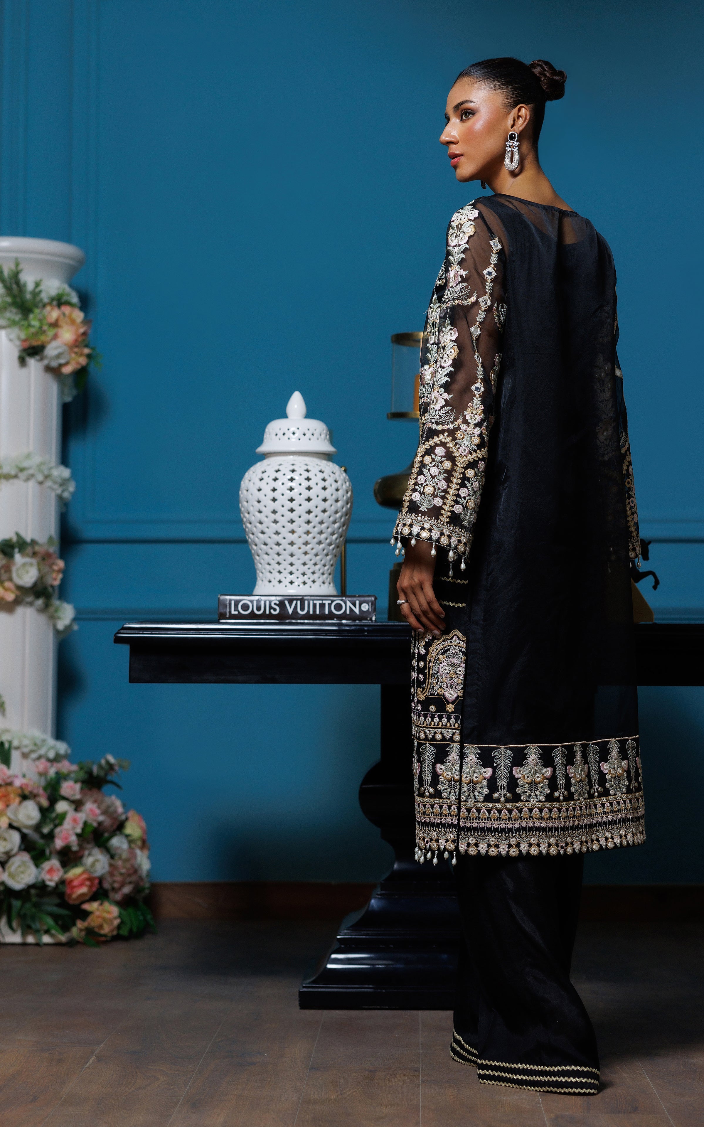 Black Faux Mirror Embroidered Organza Jacket (3-Piece) - Image 4