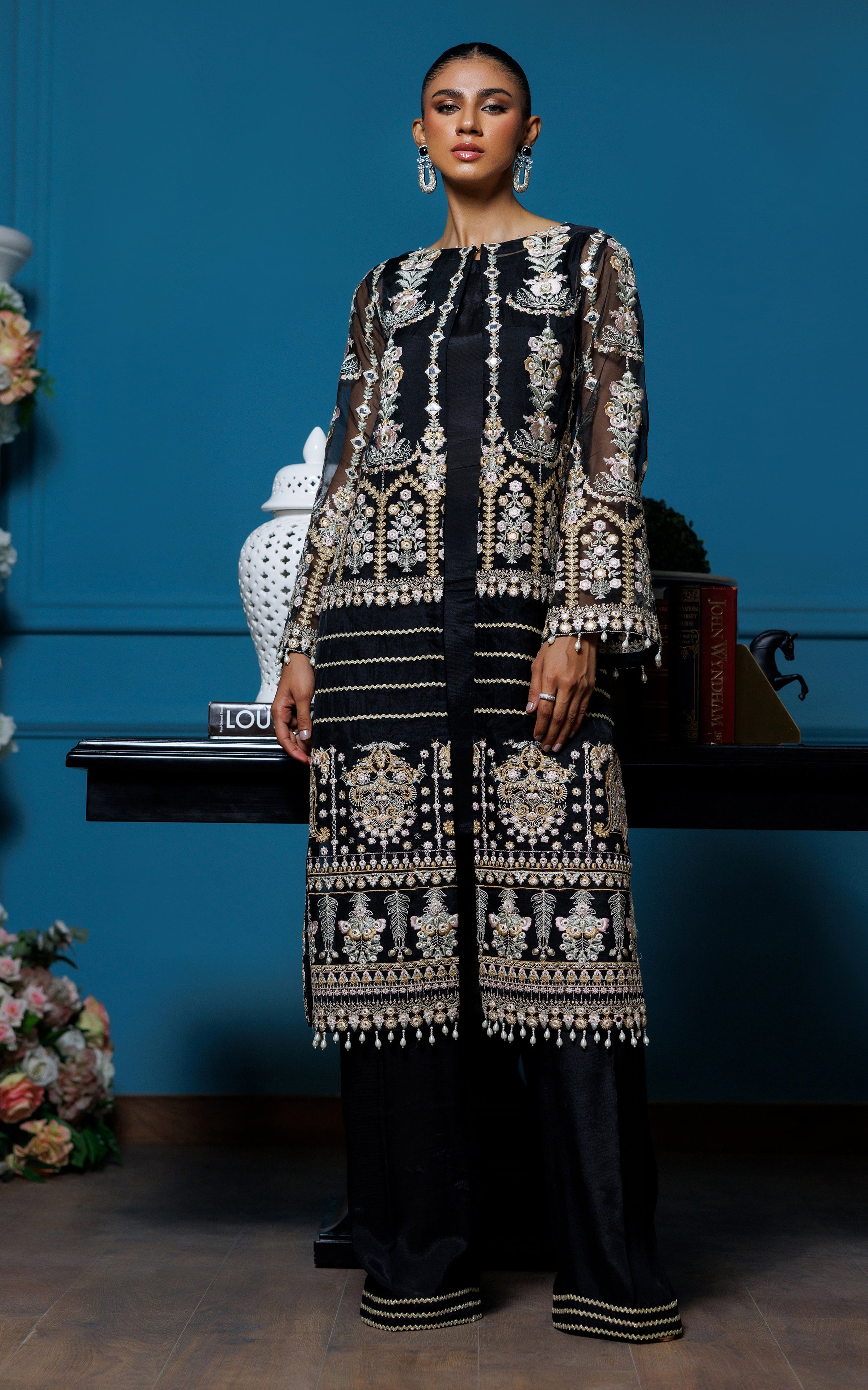 Black Faux Mirror Embroidered Organza Jacket (3-Piece) - Image 5