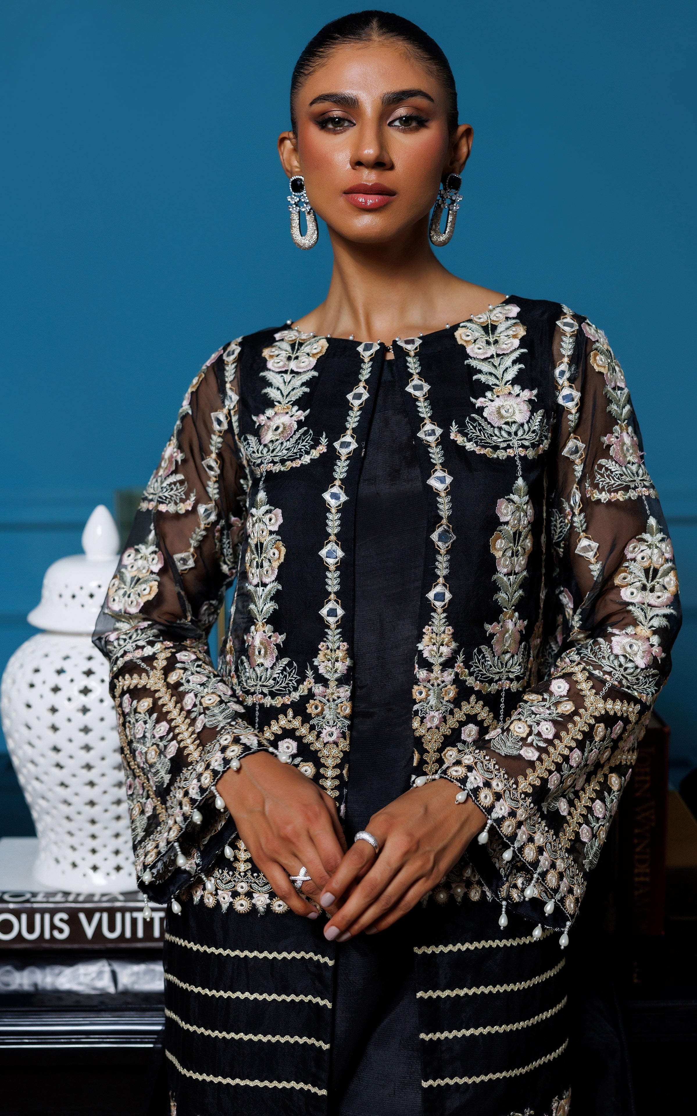 Black Faux Mirror Embroidered Organza Jacket (3-Piece) - Image 6