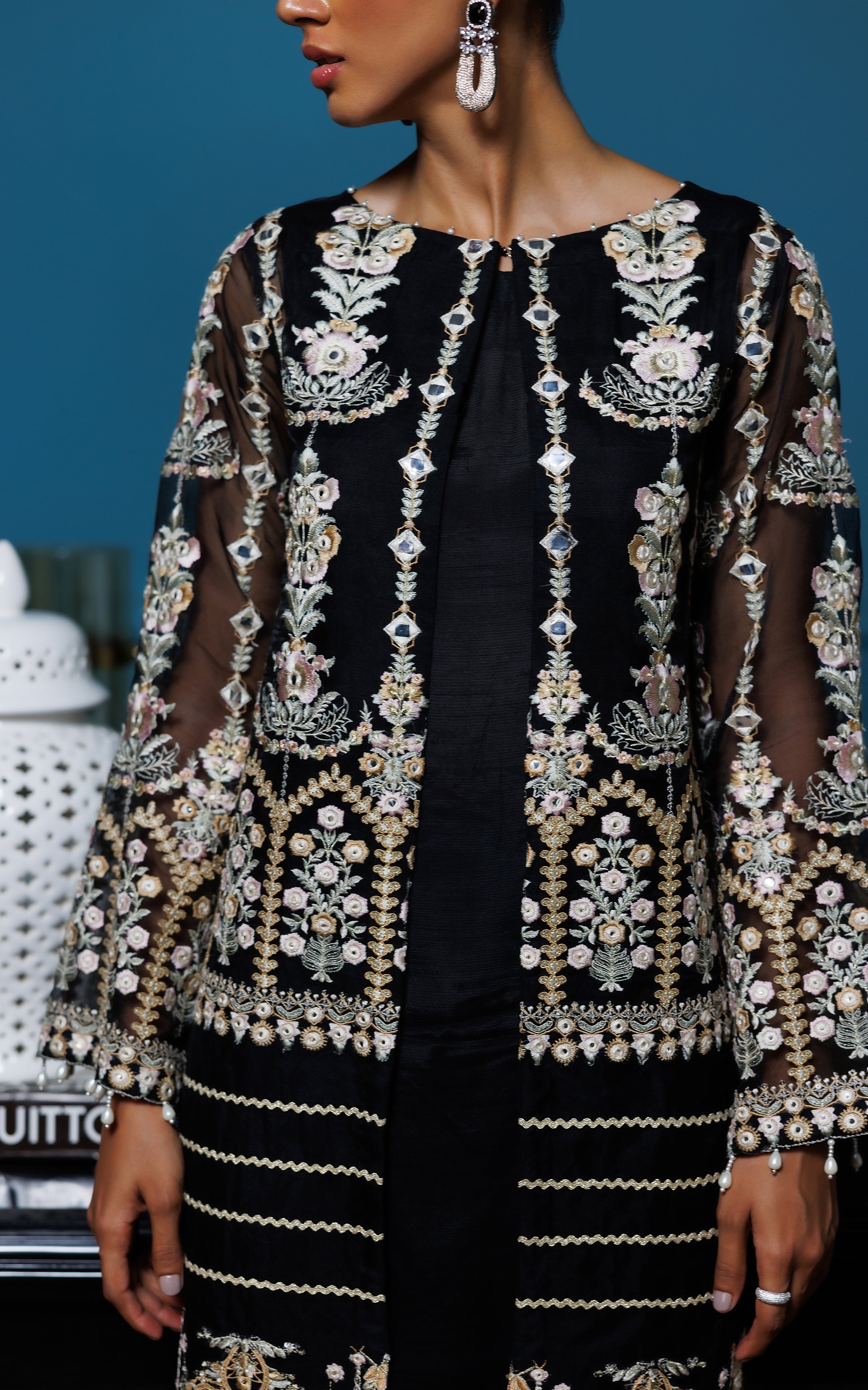 Black Faux Mirror Embroidered Organza Jacket (3-Piece) - Image 7