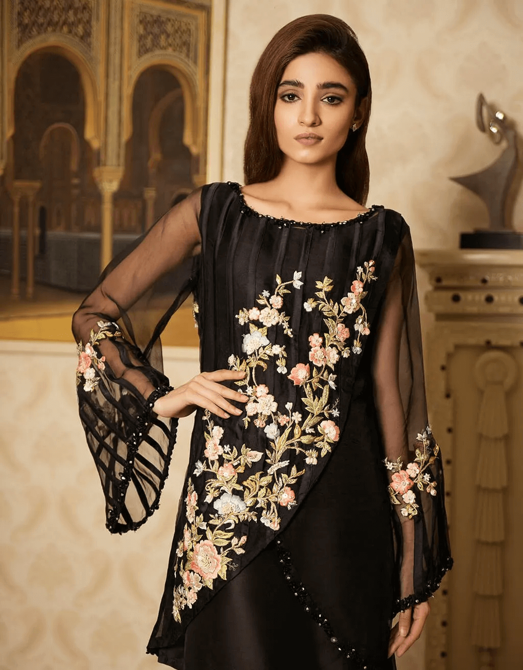 Black Embroidered Pure Organza Shamoz Silk Salwar Kameez (3-Piece) - Image 2