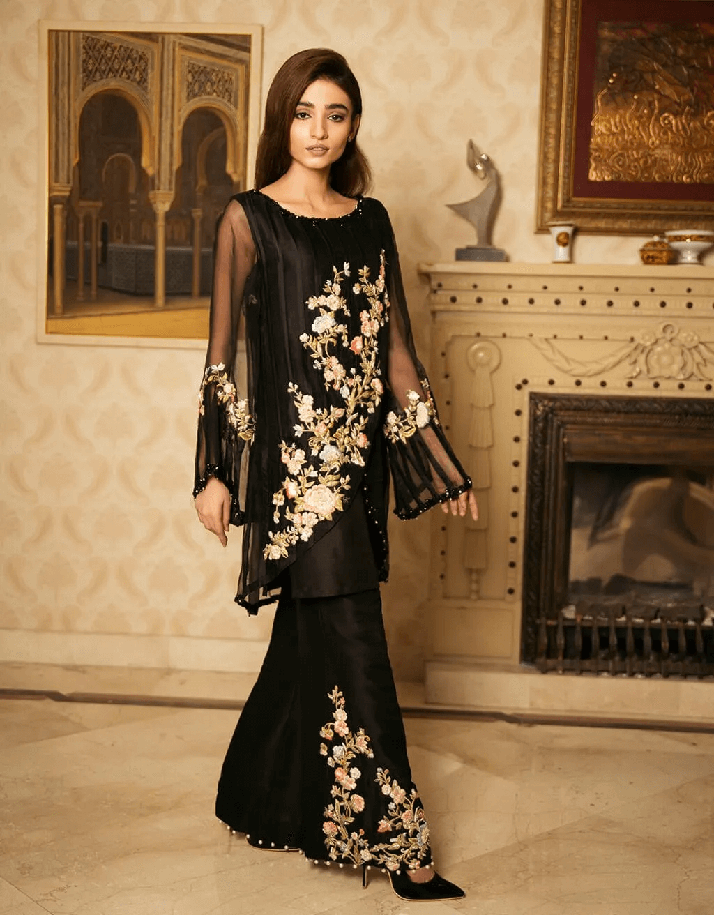 Black Embroidered Pure Organza Shamoz Silk Salwar Kameez (3-Piece) - Image 3