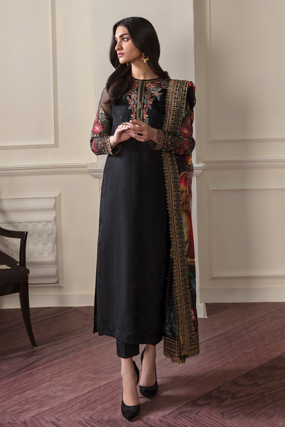 Pakistani Black Embroidered Organza Salwar Kameez (3-Piece) - Image 1