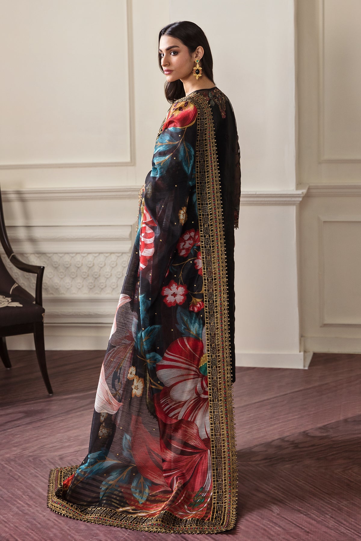 Pakistani Black Embroidered Organza Salwar Kameez (3-Piece) - Image 2