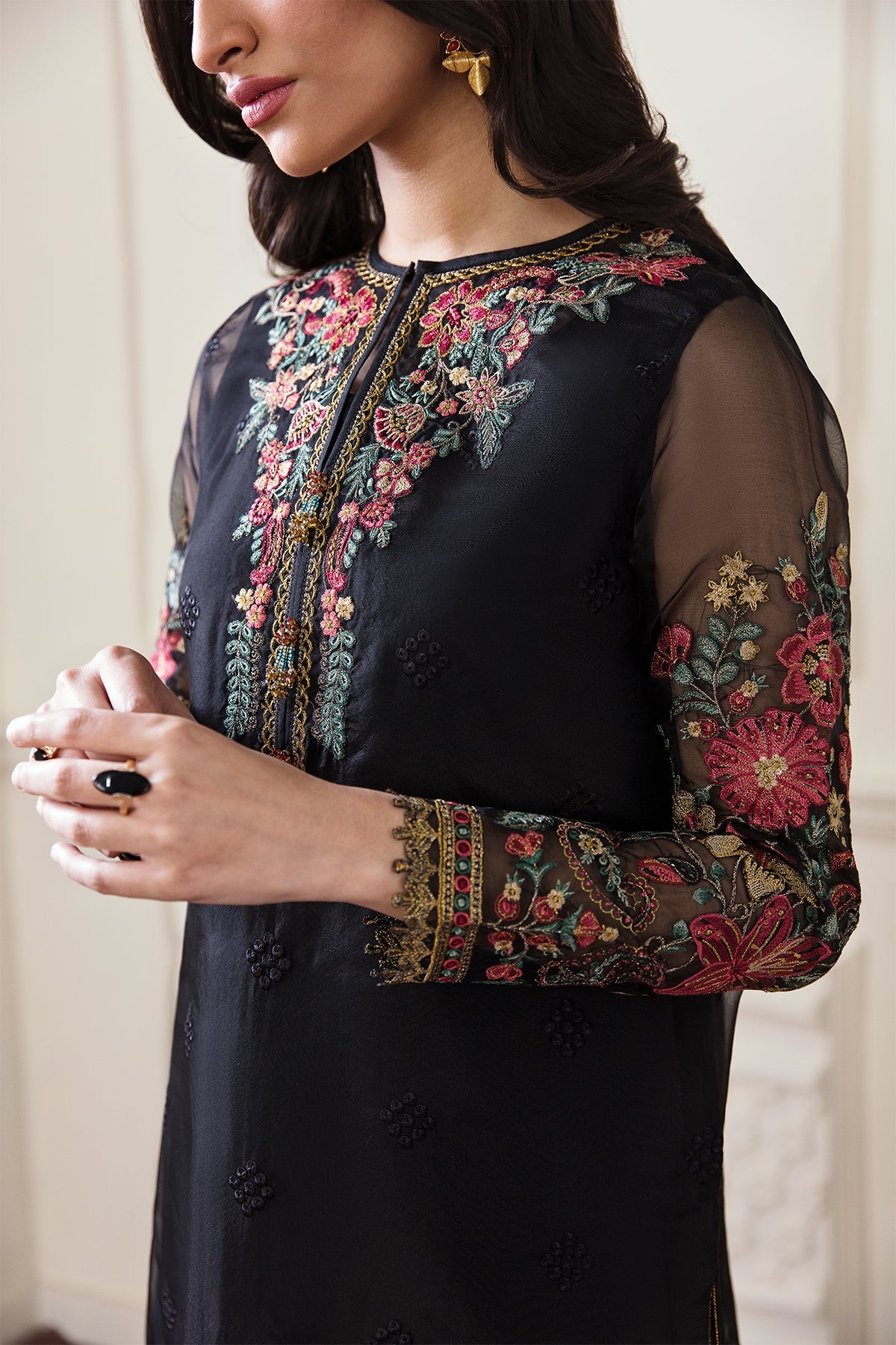 Pakistani Black Embroidered Organza Salwar Kameez (3-Piece) - Image 3