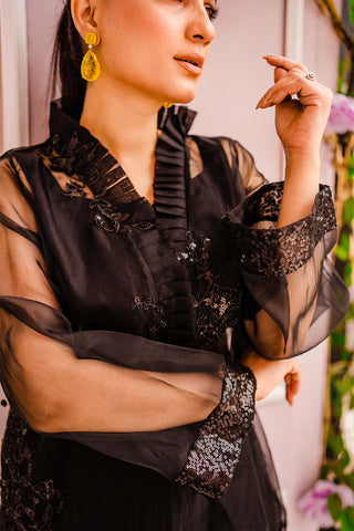 Black Floral Embellished Organza Salwar Kameez (3-Piece) - Image 4