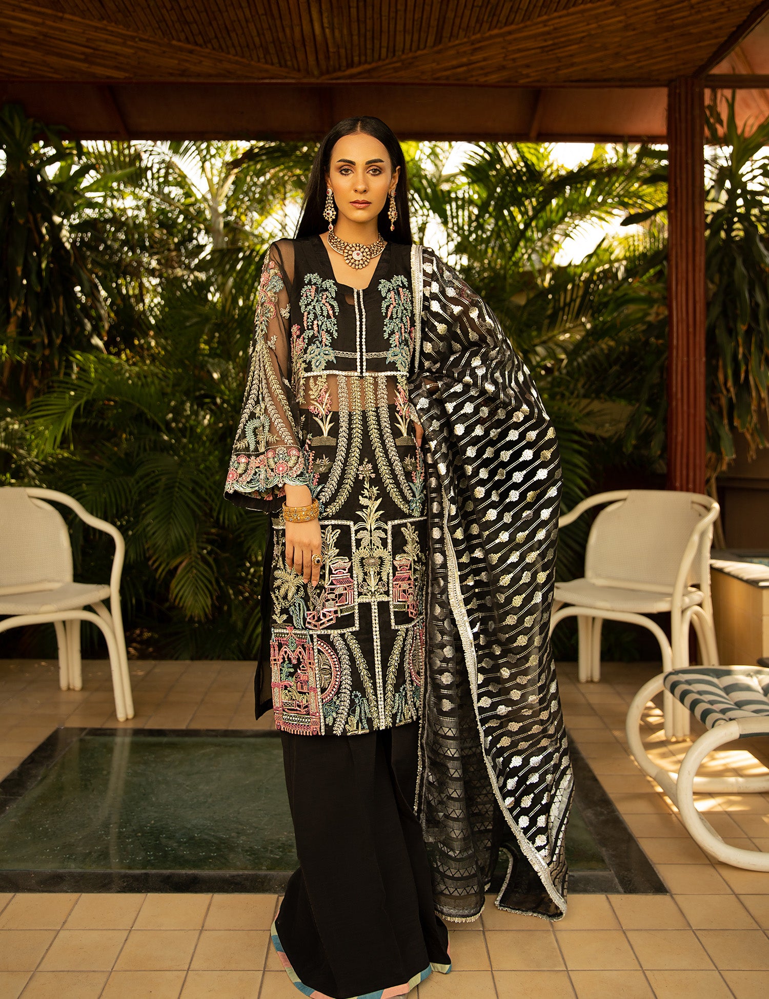 Pakistani Black Embroidered Organza Salwar Kameez (3-Piece) - Image 1