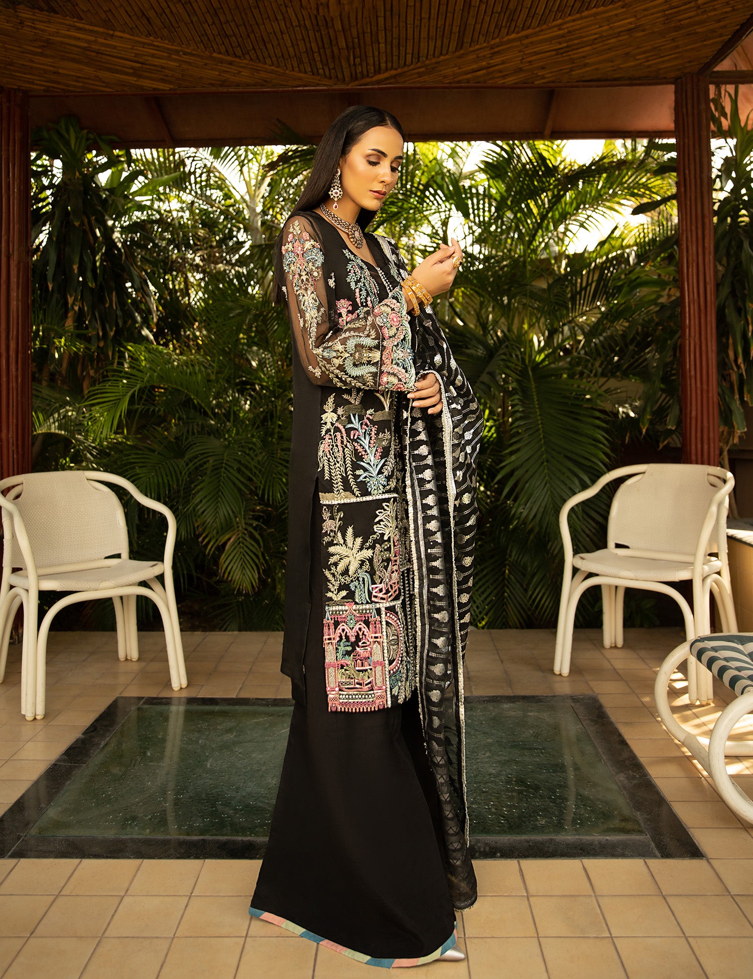 Pakistani Black Embroidered Organza Salwar Kameez (3-Piece) - Image 3
