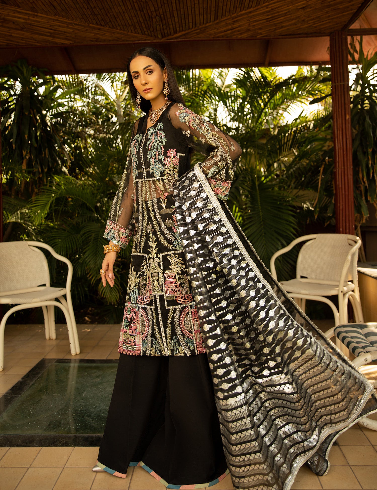 Pakistani Black Embroidered Organza Salwar Kameez (3-Piece) - Image 4