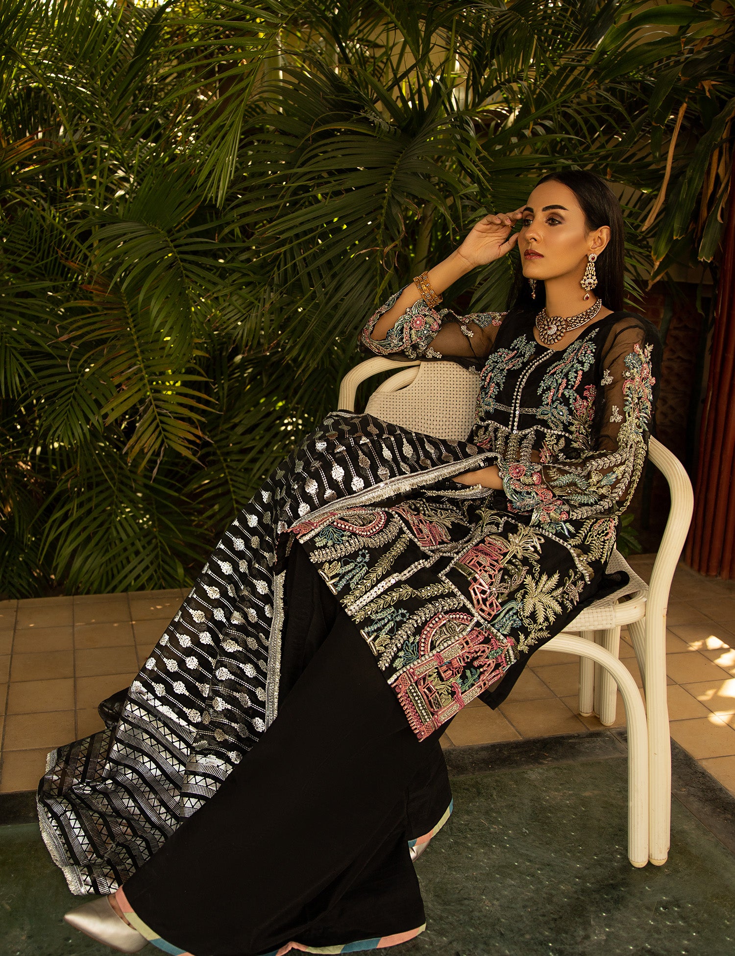 Pakistani Black Embroidered Organza Salwar Kameez (3-Piece) - Image 5