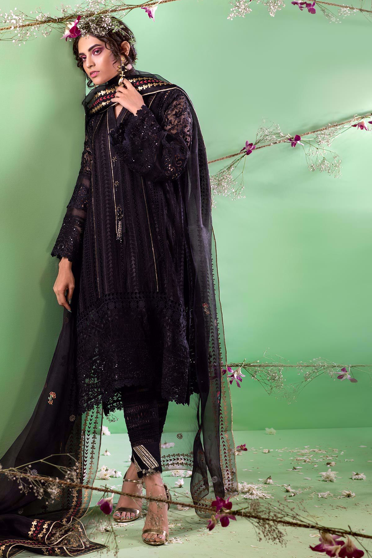 Black Gota Embroidered Organza Salwar Kameez (3-Piece) - Image 1