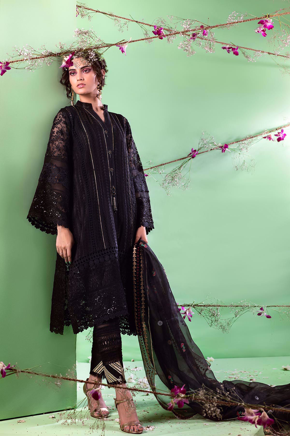 Black Gota Embroidered Organza Salwar Kameez (3-Piece) - Image 6