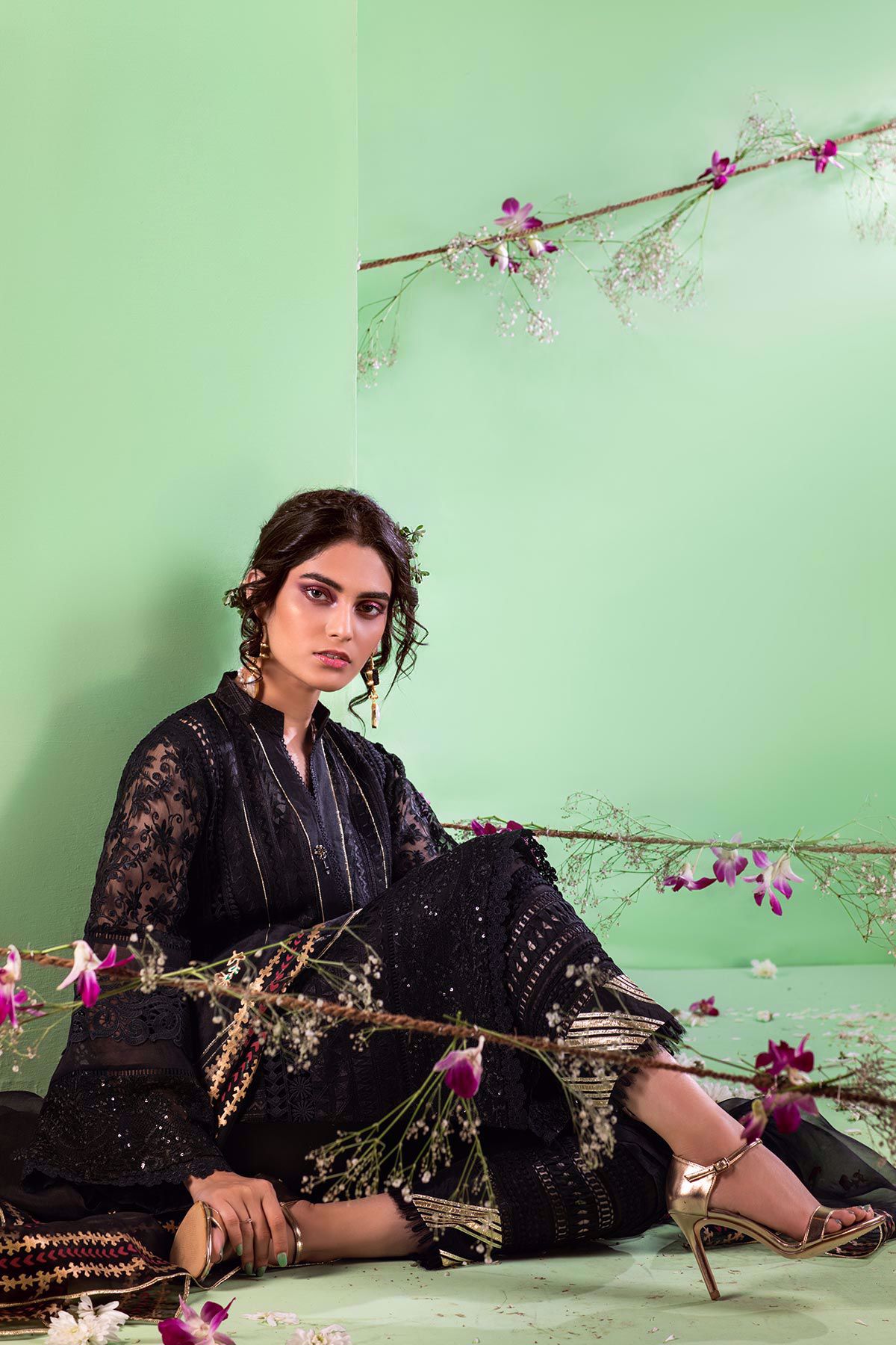 Black Gota Embroidered Organza Salwar Kameez (3-Piece) - Image 7