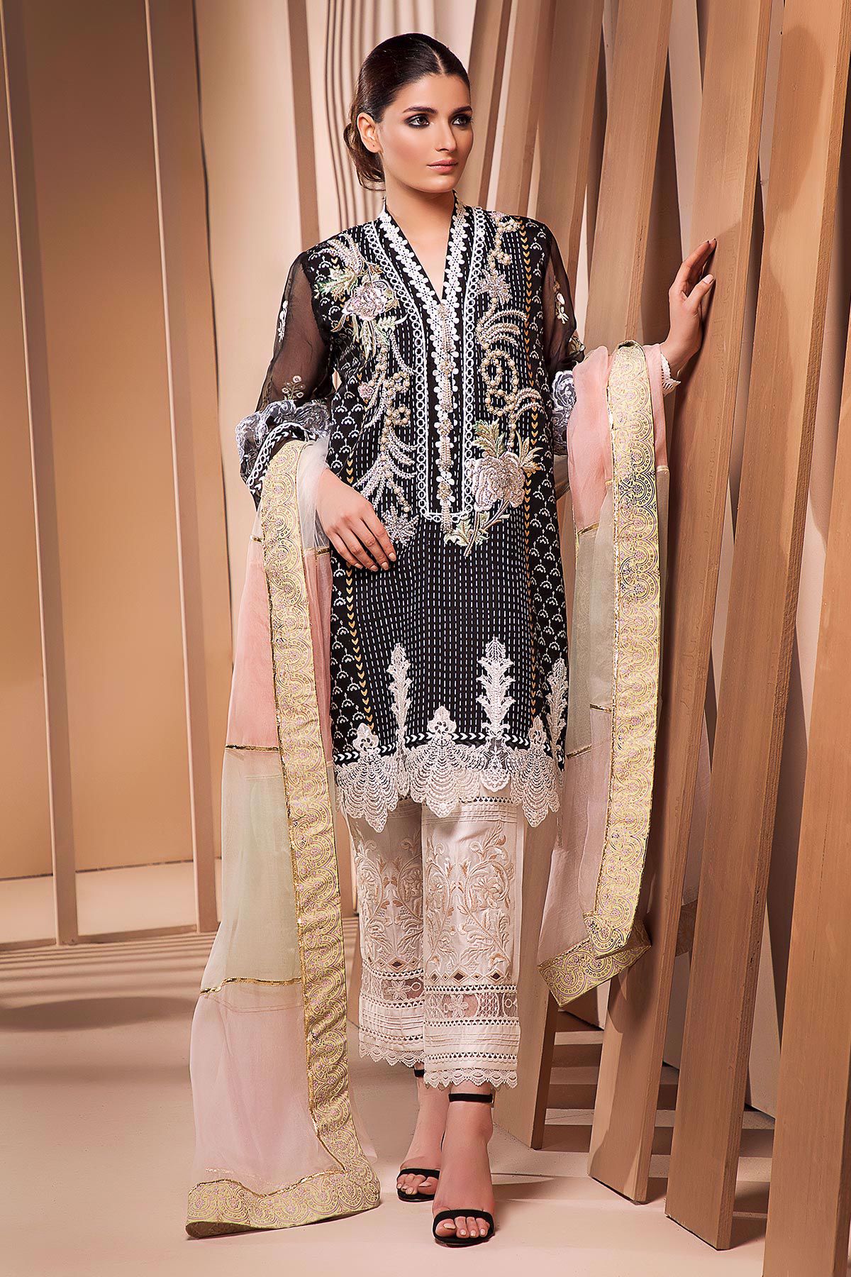 Pakistani Black Hand Block Printed Organza Salwar Kameez (3-Piece) - Image 1