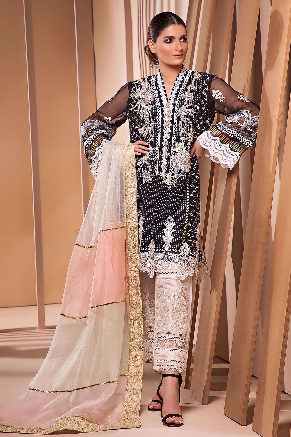 Pakistani Black Hand Block Printed Organza Salwar Kameez (3-Piece) - Image 2