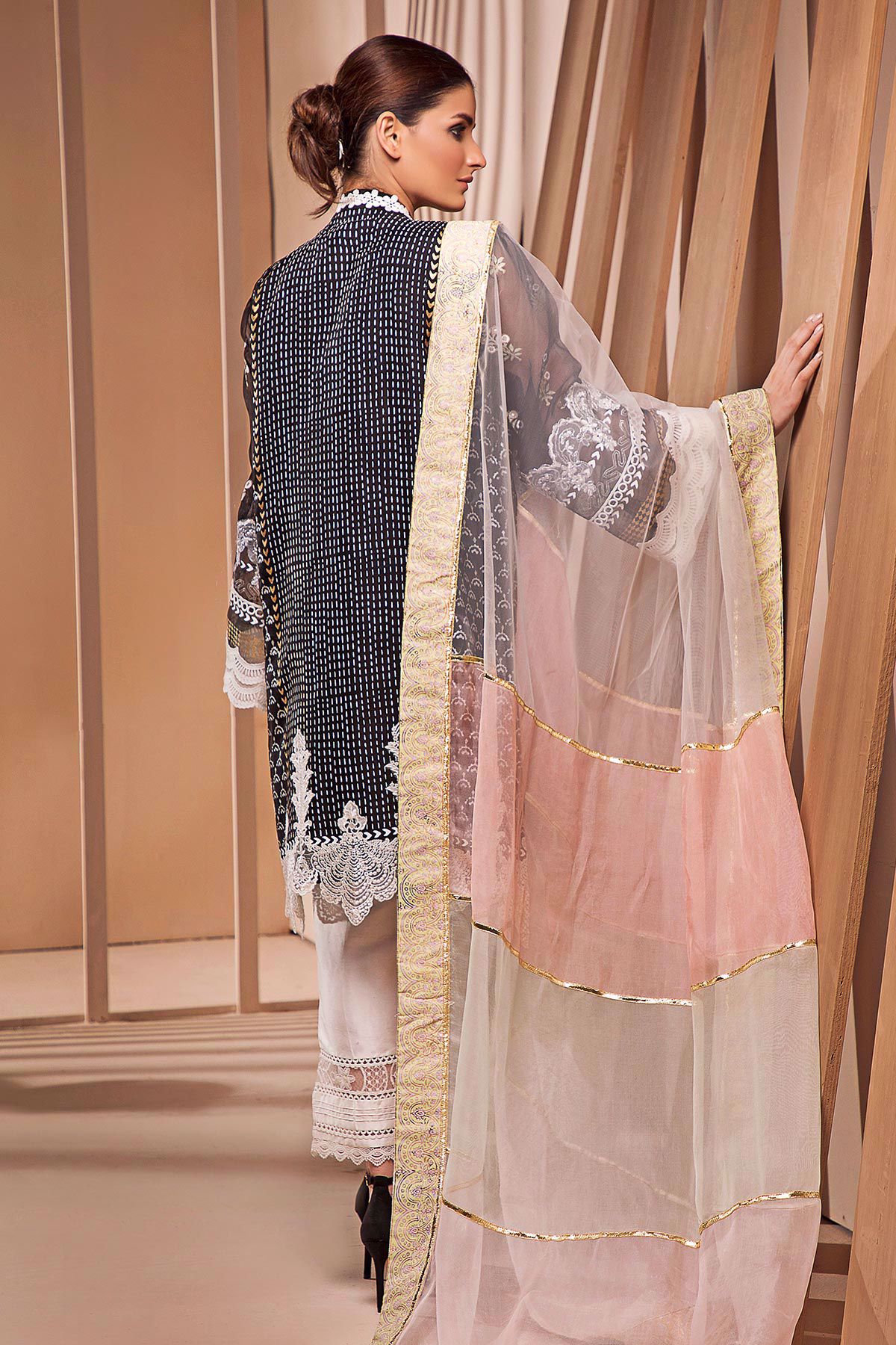 Pakistani Black Hand Block Printed Organza Salwar Kameez (3-Piece) - Image 3