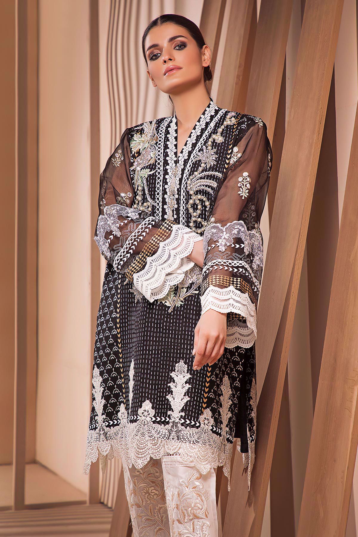 Pakistani Black Hand Block Printed Organza Salwar Kameez (3-Piece) - Image 4