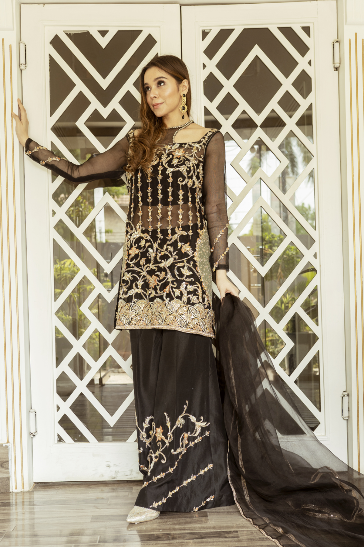 Black Embroidered Organza Net Salwar Kameez (3-Piece) - Image 1