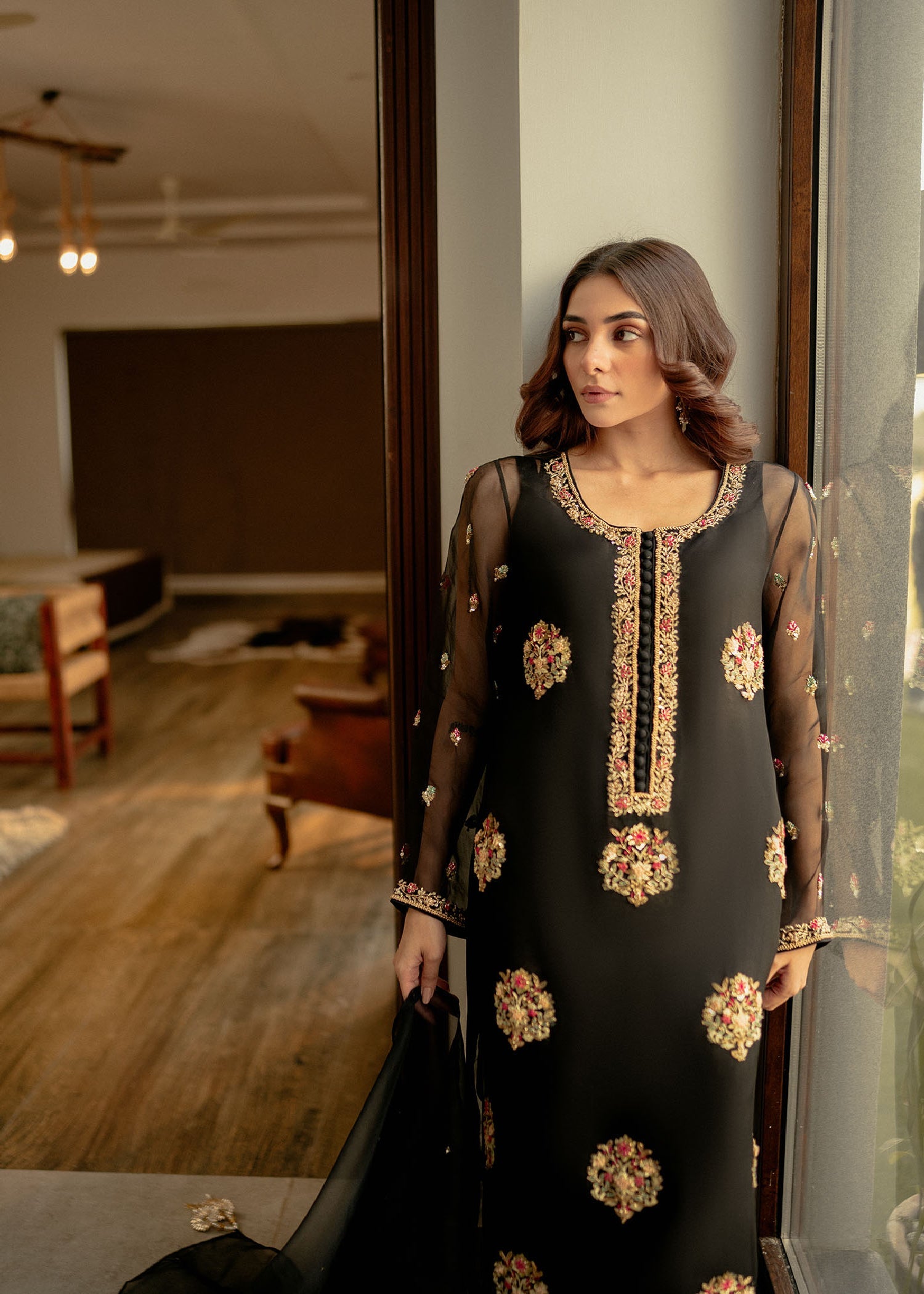 Black Hand-Embellished Organza Kurta Set (4-Piece) - Image 3