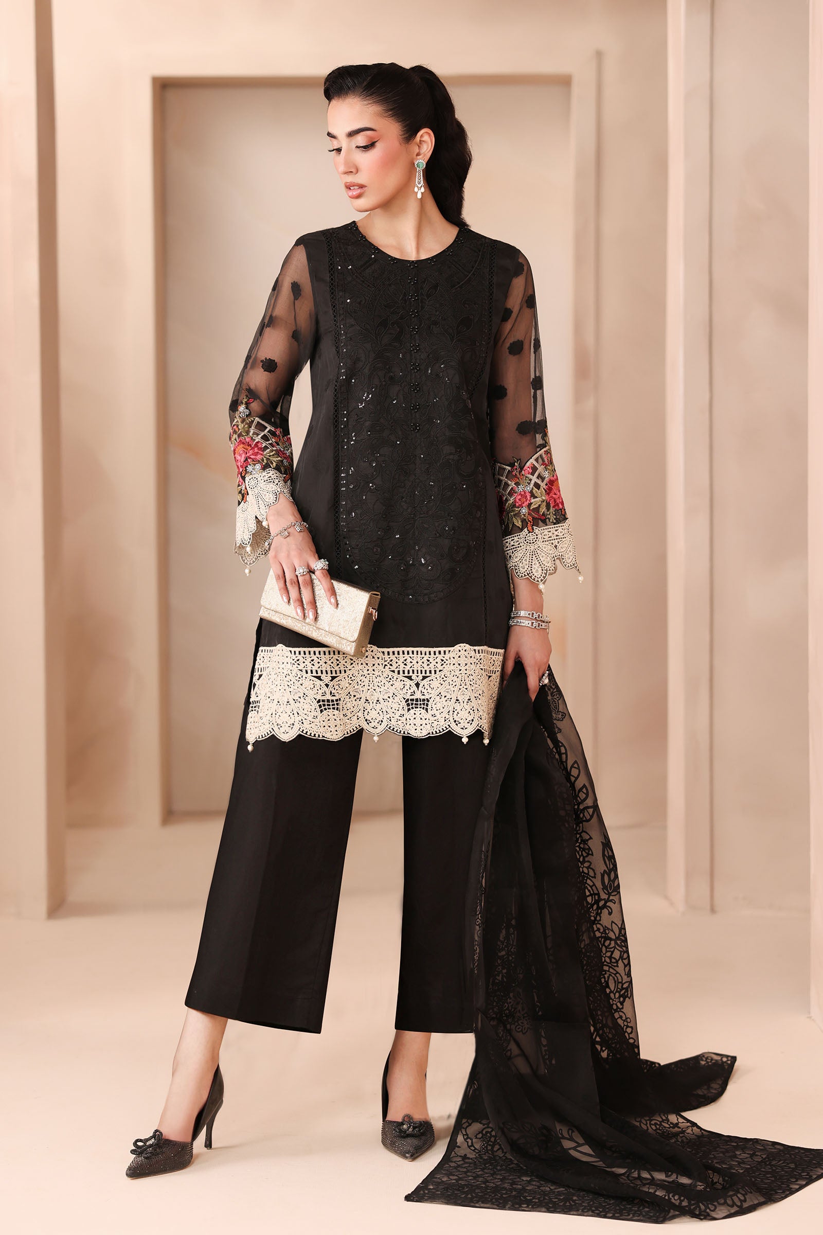 Pakistani Black Embroidered Organza Jacquard 3-Piece Suit - Image 1
