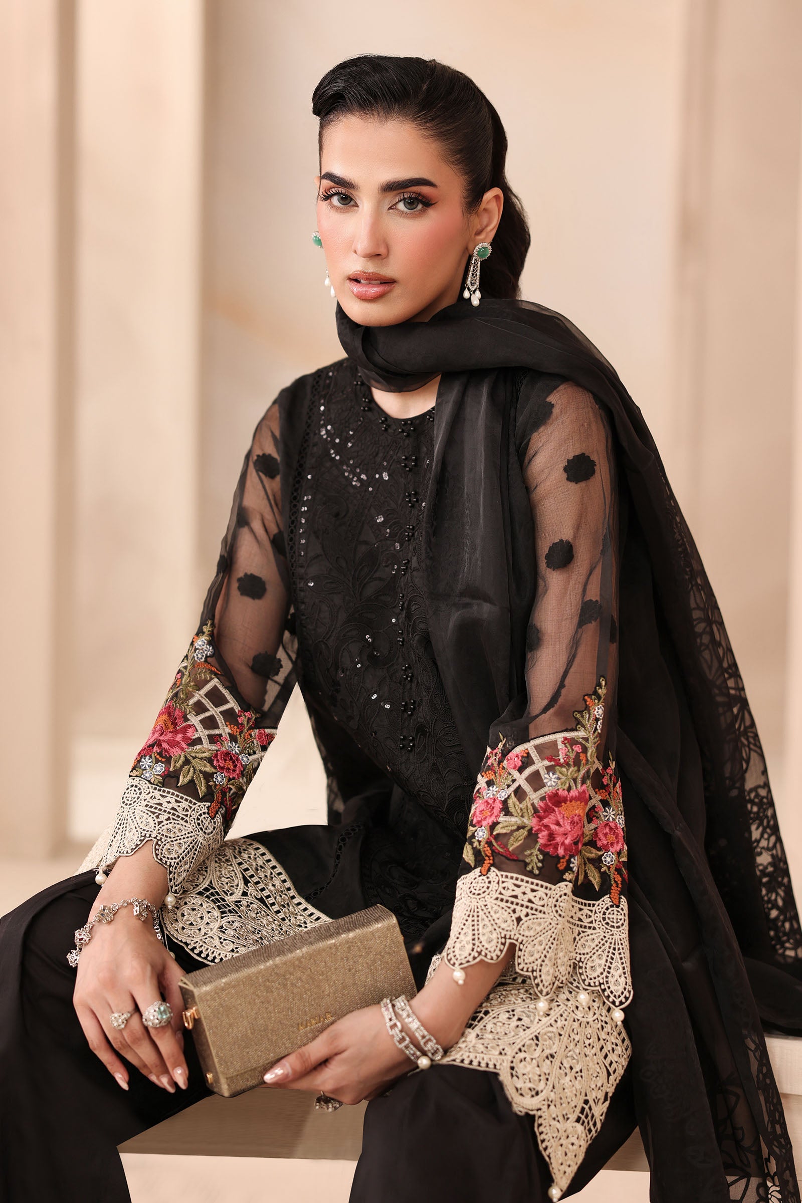 Pakistani Black Embroidered Organza Jacquard 3-Piece Suit - Image 2