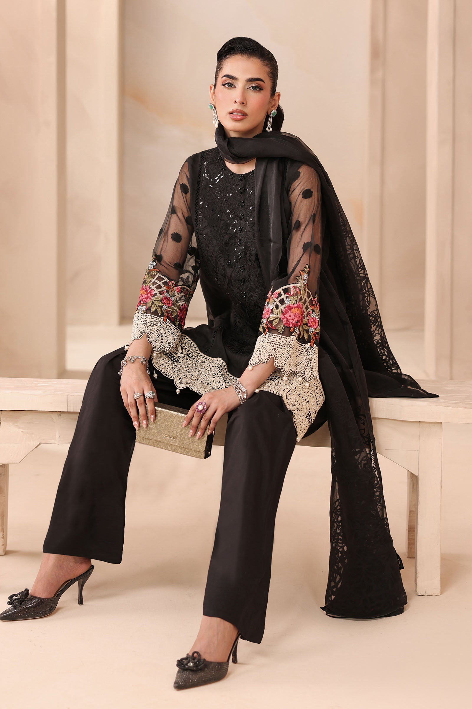 Pakistani Black Embroidered Organza Jacquard 3-Piece Suit - Image 5