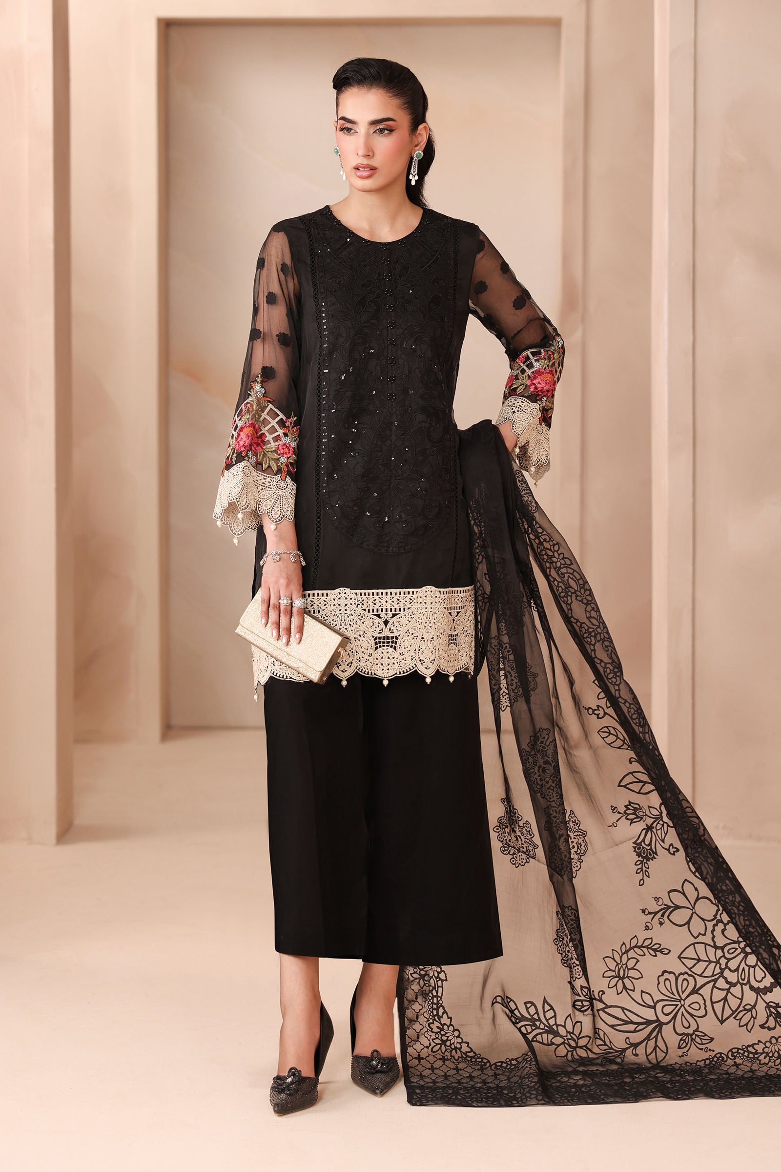 Pakistani Black Embroidered Organza Jacquard 3-Piece Suit - Image 6
