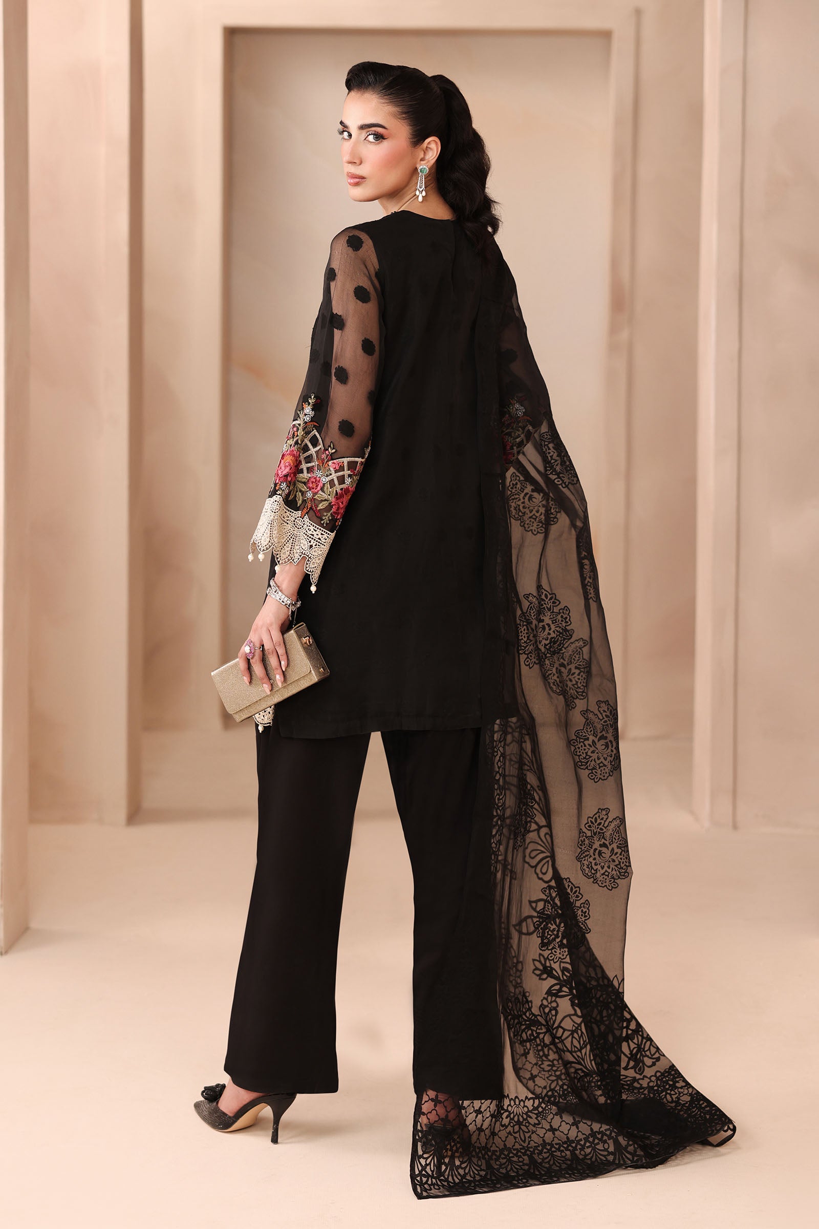 Pakistani Black Embroidered Organza Jacquard 3-Piece Suit - Image 7