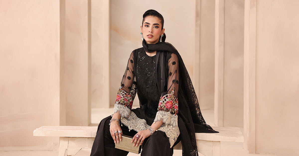 Pakistani Black Embroidered Organza Jacquard 3-Piece Suit - Image 8