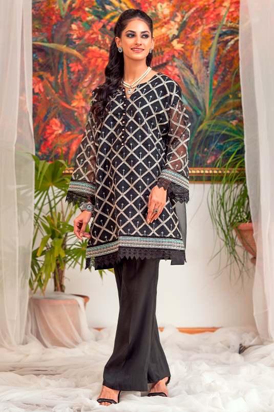 Black Embroidered Organza A-Line Kurta (2-Piece) - Image 2