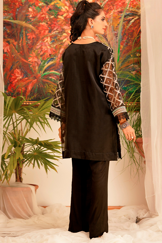 Black Embroidered Organza A-Line Kurta (2-Piece) - Image 4